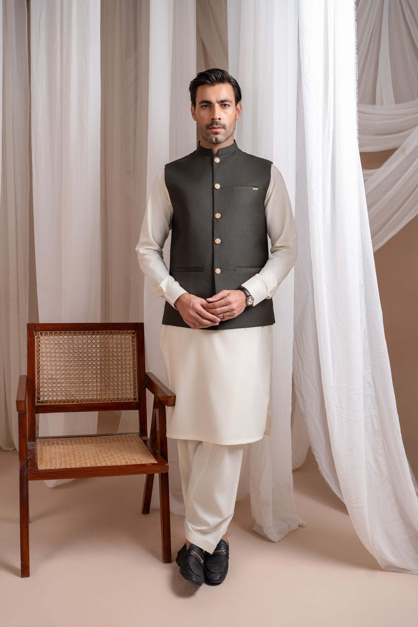 Bosky White Kurta Shalwar with Army Green Suiting Waistcoat - Straight Cut - Men