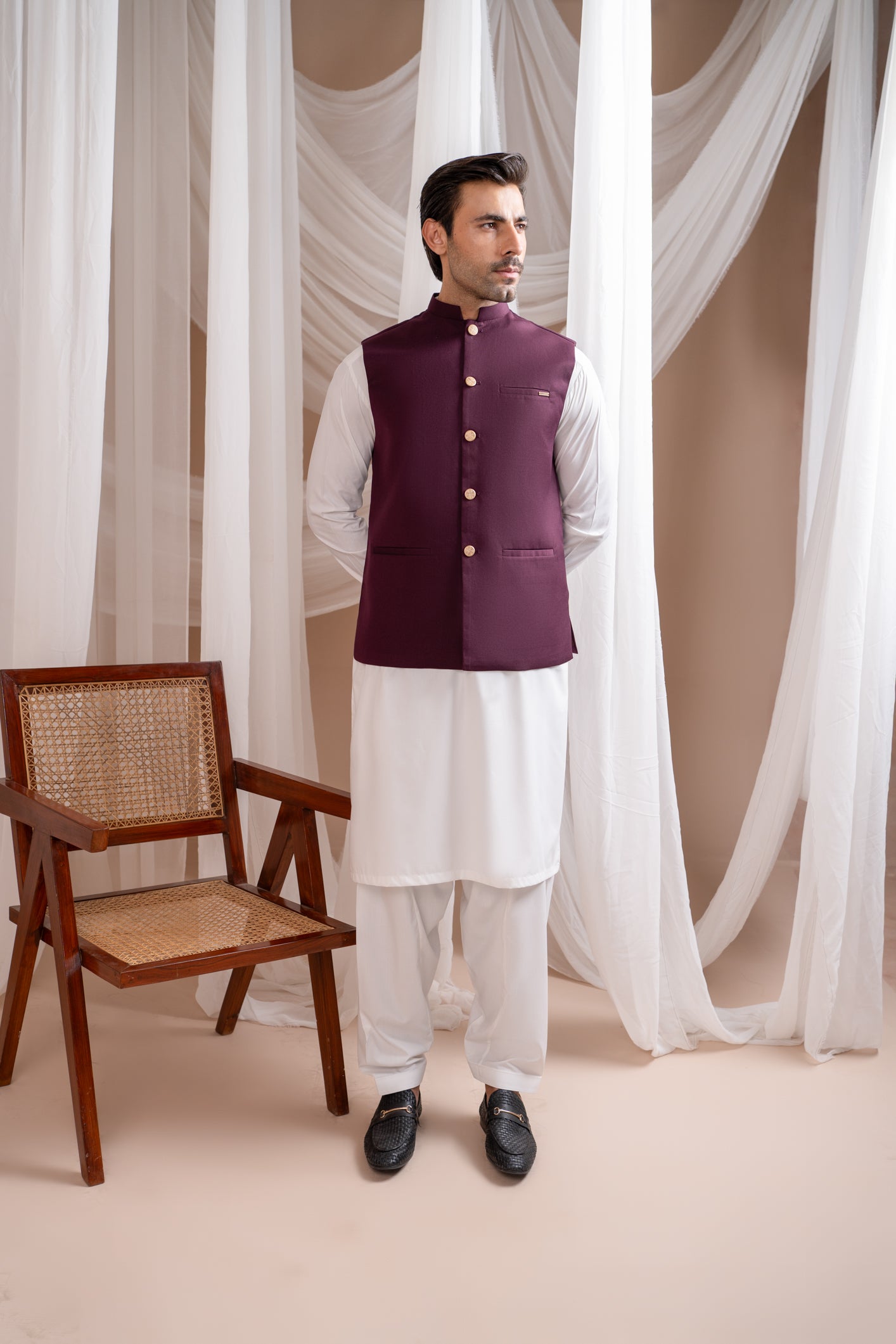 Muraqsh Ready To Wear Solids Cotton Men Dark Brown Kurta Shalwar with Suiting Waistcoat Straight Cut MUR-DBKSW-KT - Summer Collection