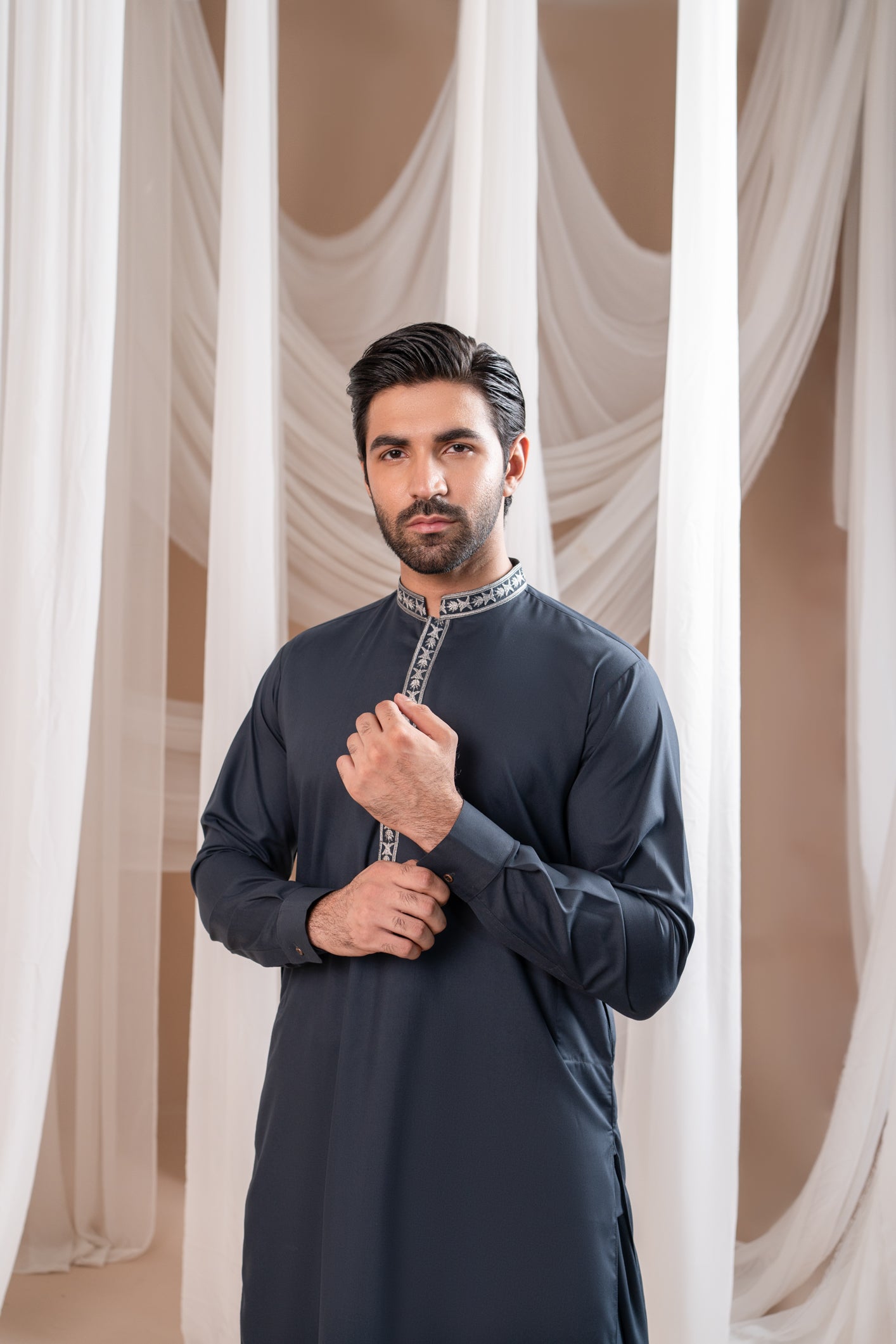 Formal Grey Kurta Shalwar - Collar Neck Embroidered - Men