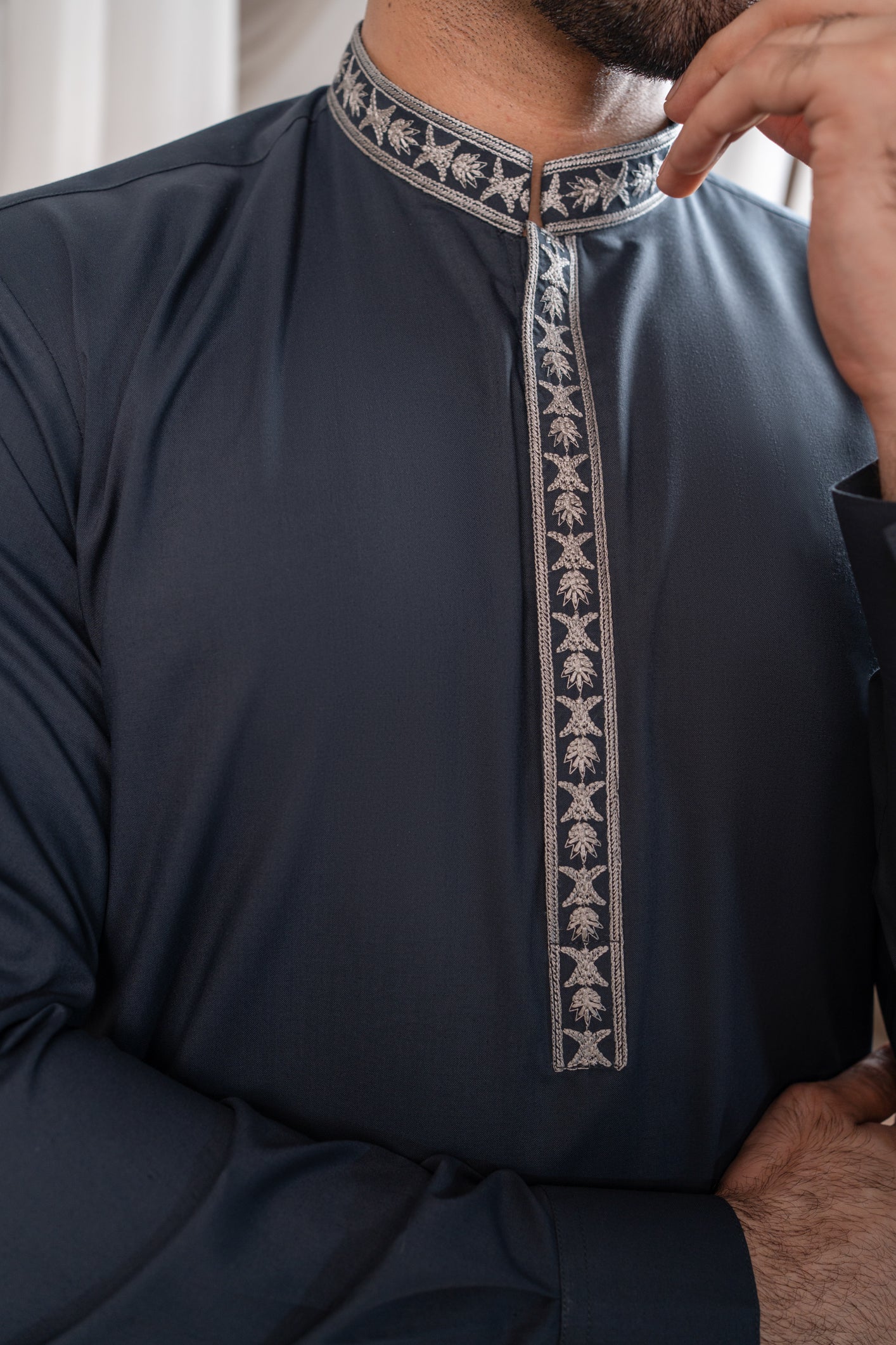 Formal Grey Kurta Shalwar - Collar Neck Embroidered - Men