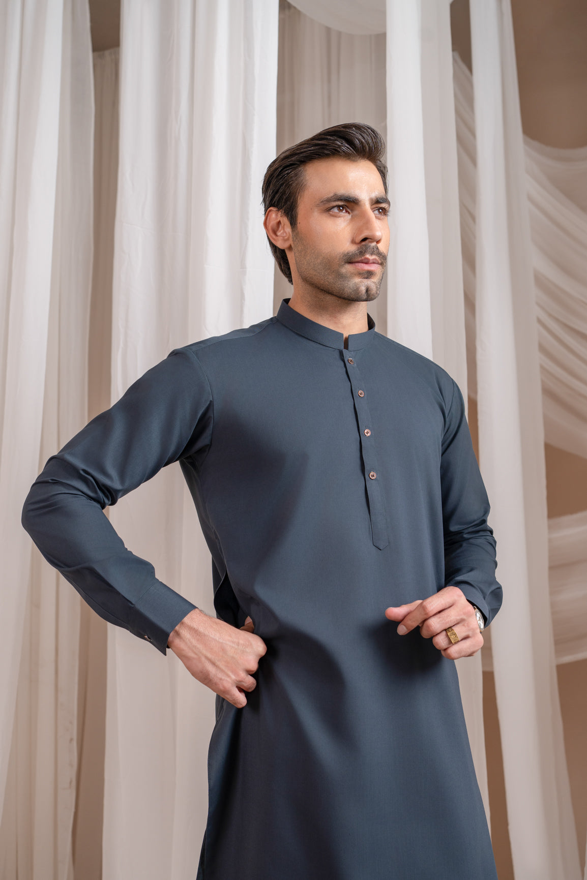 Charcoal Grey Kurta Trouser/Shalwar - Men