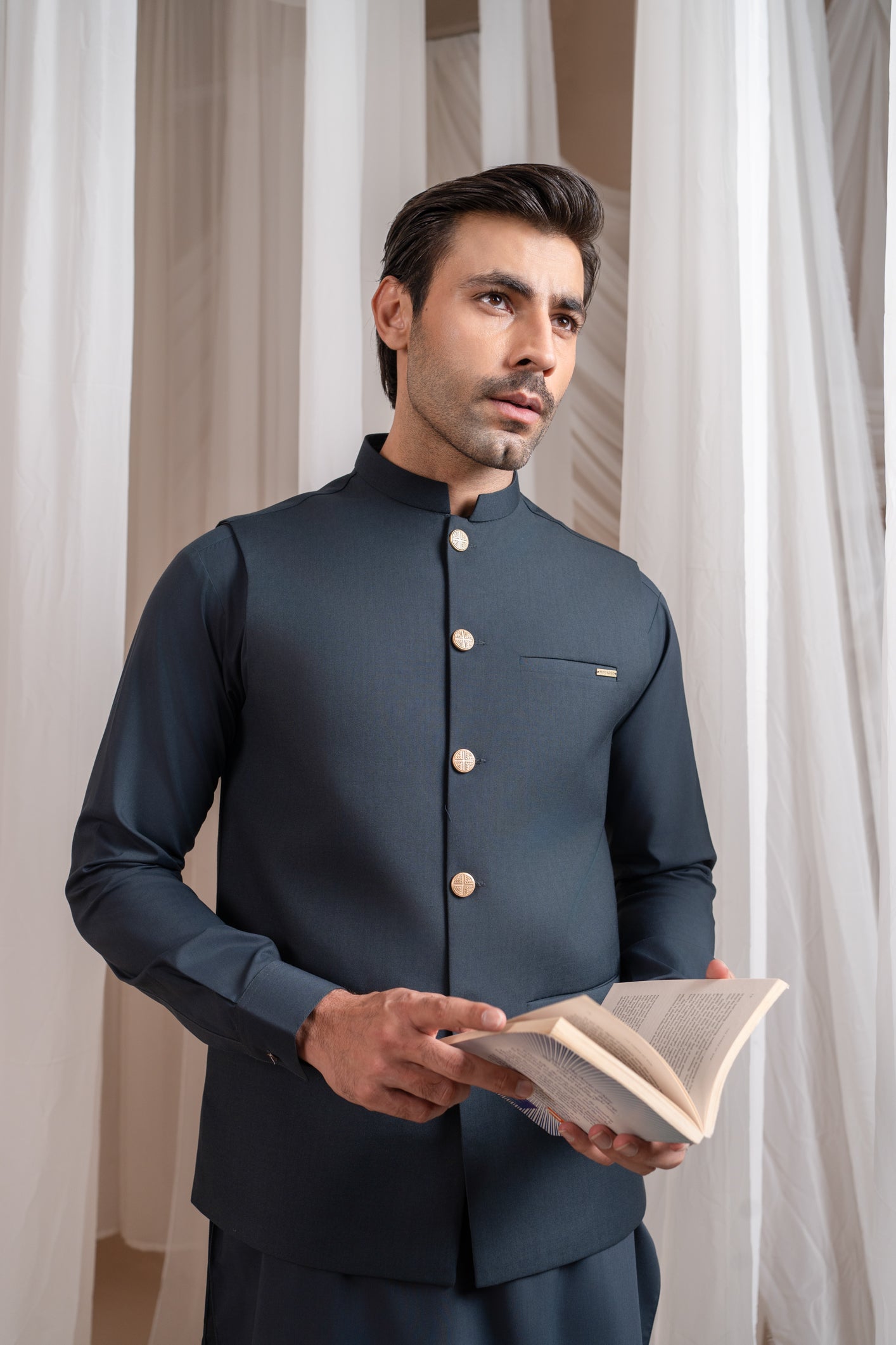 Charcoal Grey Kurta Shalwar with Suiting Waistcoat - Straight Cut - Men