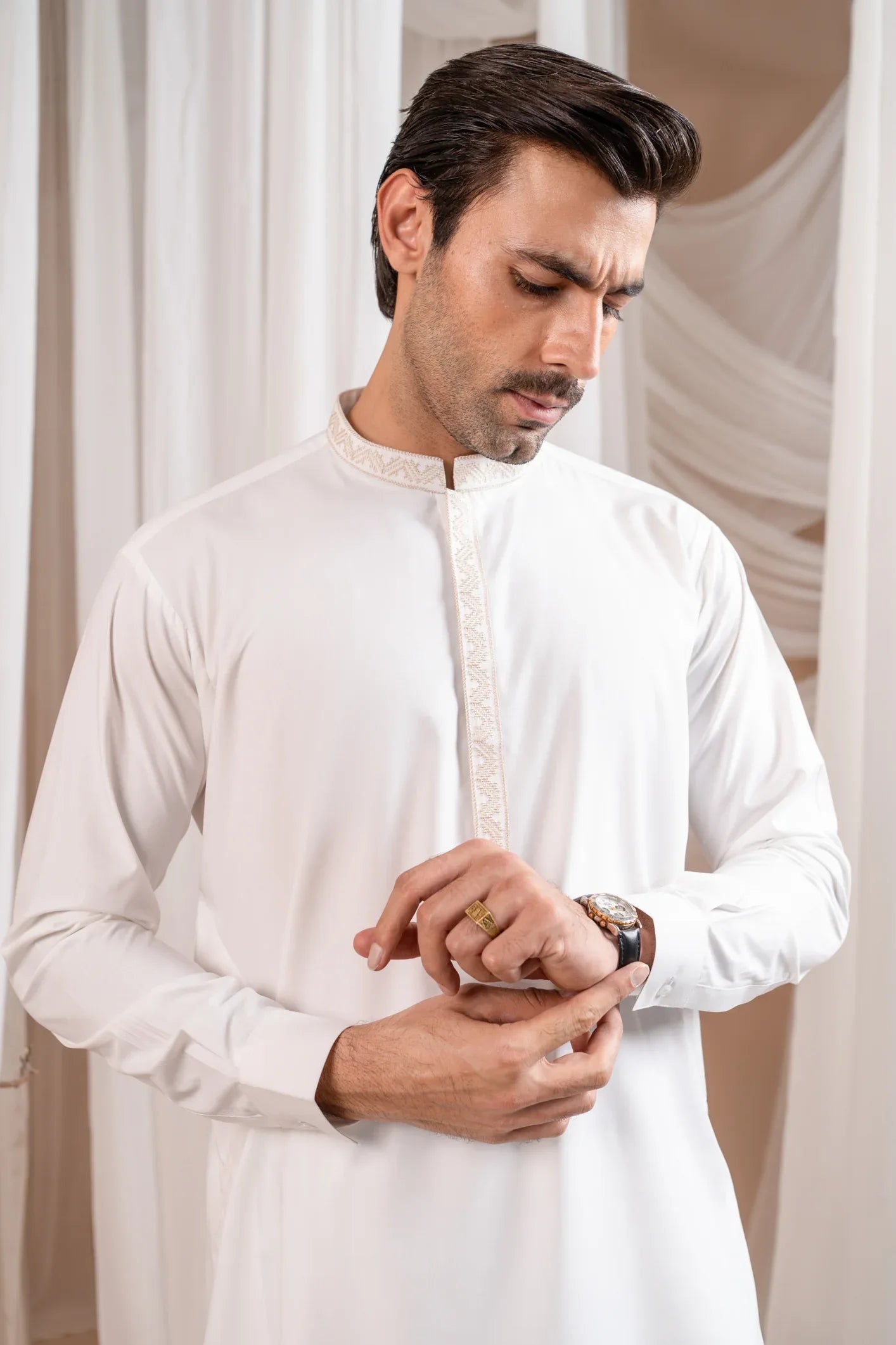 Formal Off White Kurta Shalwar - Collar Neck Embroidered - Men - Muraqsh -- Menswear