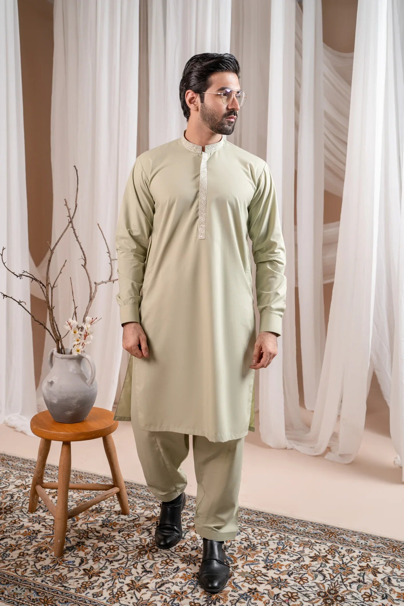 Formal Mint Green Kurta Shalwar - Collar Neck Embroidered - Men - Muraqsh -- Menswear