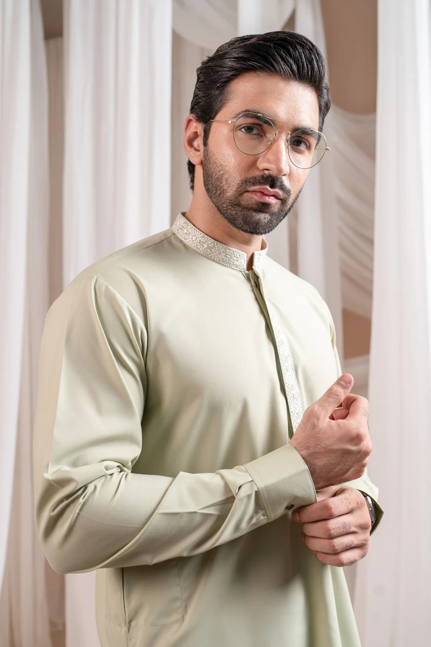 Formal Mint Green Kurta Shalwar - Collar Neck Embroidered - Men - Muraqsh -- Menswear