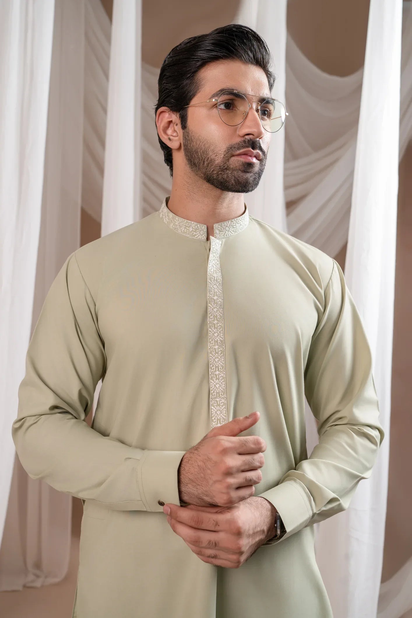 Formal Mint Green Kurta Shalwar - Collar Neck Embroidered - Men - Muraqsh -- Menswear