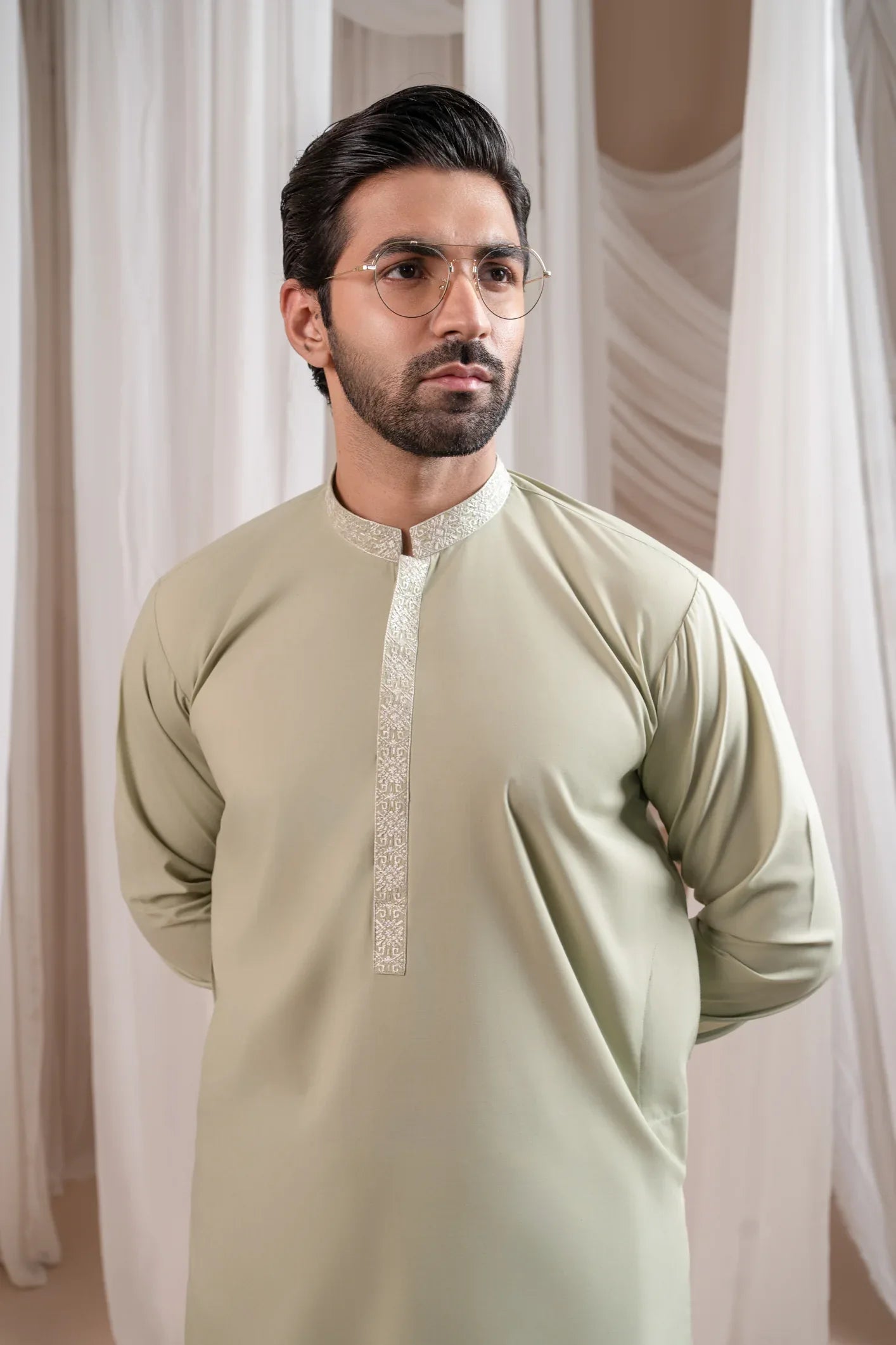 Formal Mint Green Kurta Shalwar - Collar Neck Embroidered - Men - Muraqsh -- Menswear