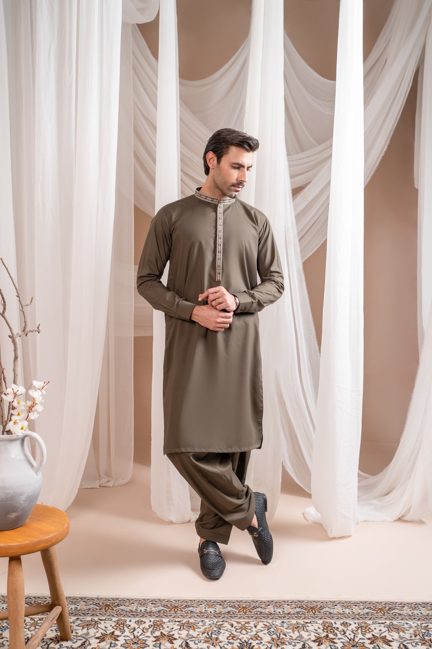 Formal Olive Green Kurta Shalwar - Collar Neck Embroidered - Men