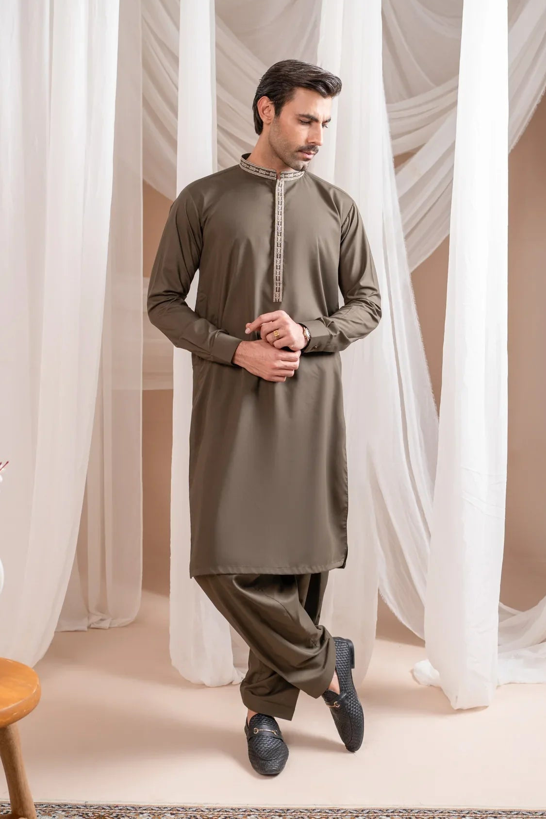 Formal Olive Green Kurta Shalwar - Collar Neck Embroidered - Men - Muraqsh -- Menswear
