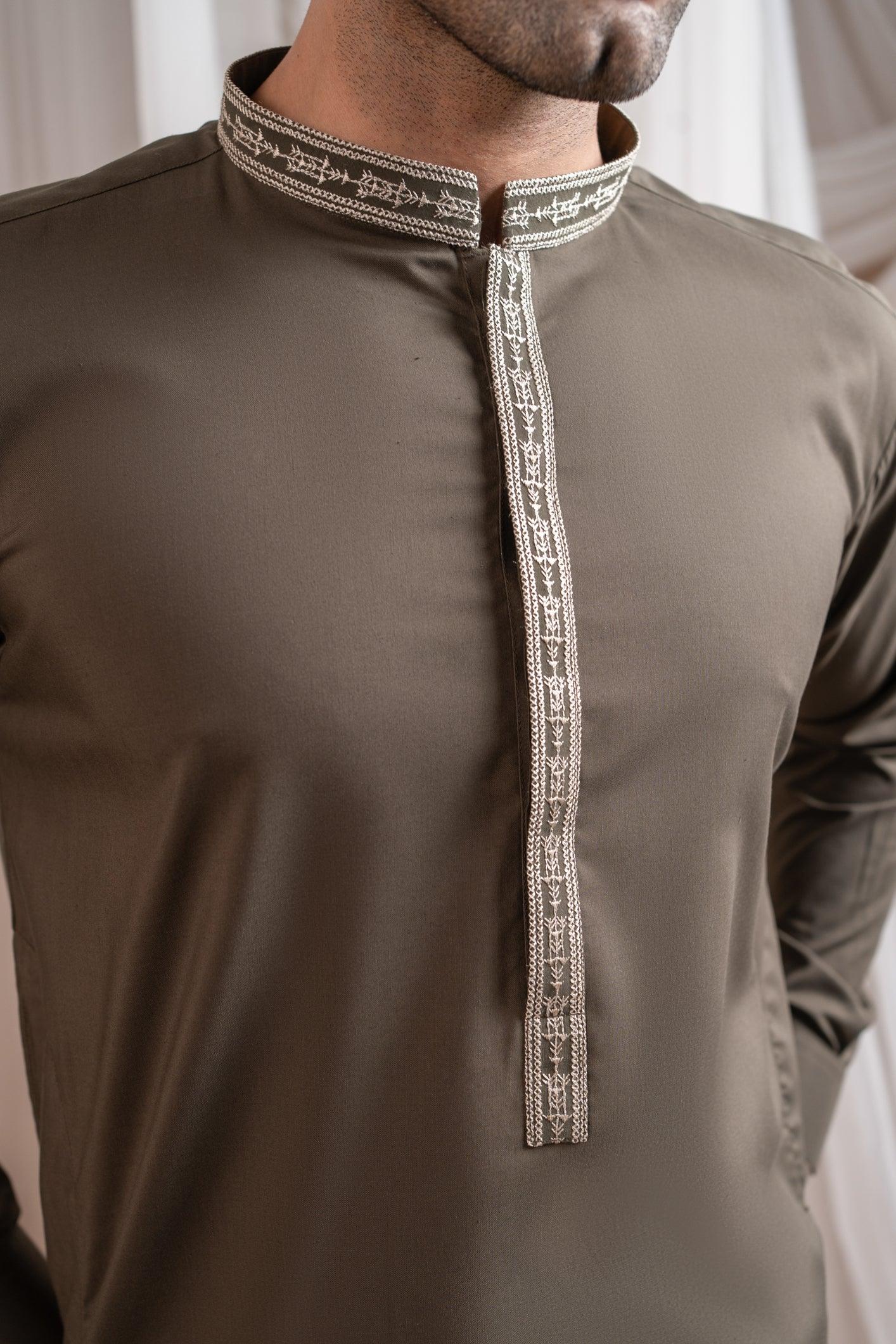Formal Olive Green Kurta Shalwar - Collar Neck Embroidered - Men - Muraqsh -- Menswear