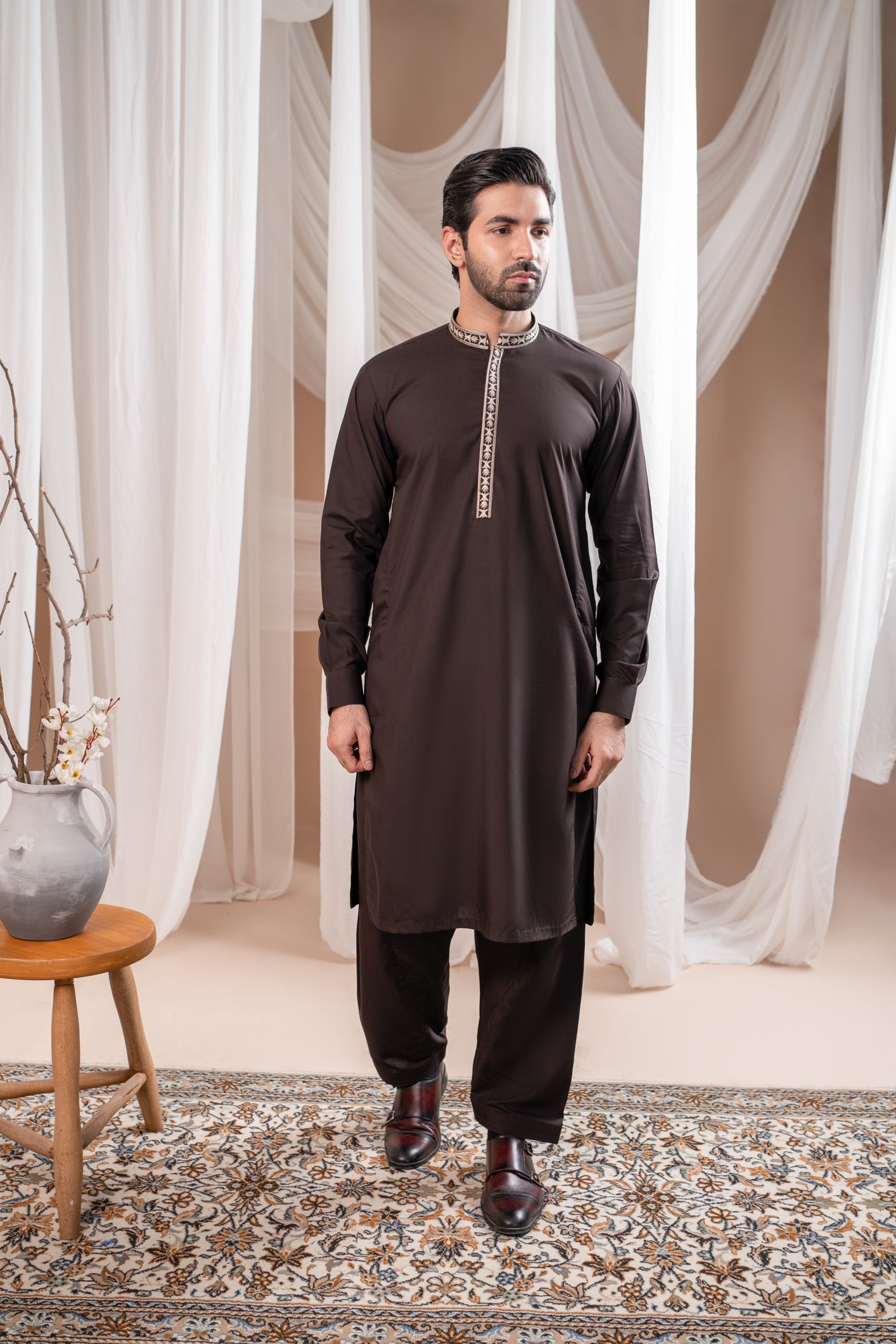 Formal Dark Brown Kurta Shalwar - Collar Neck Embroidered - Men