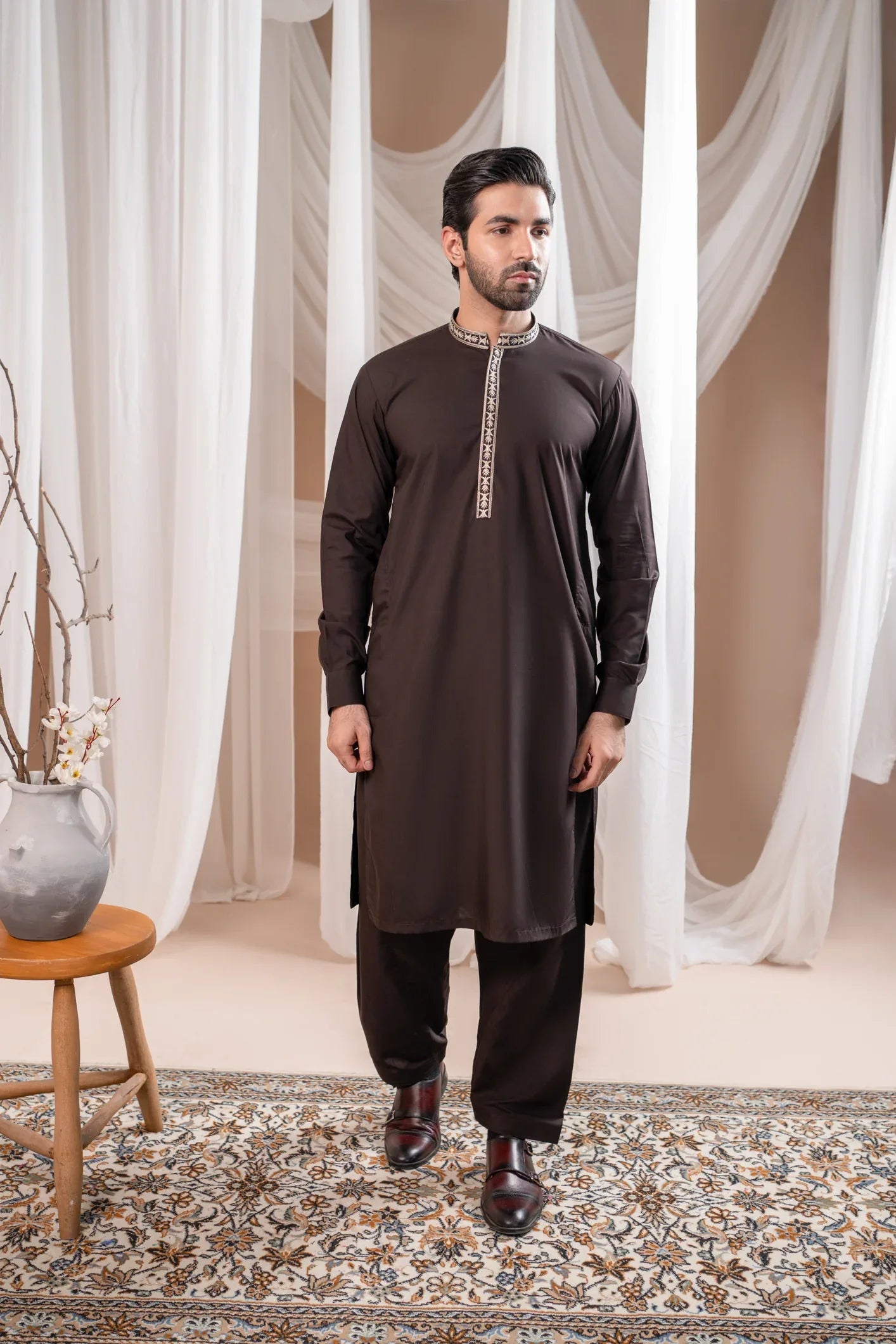 Formal Dark Brown Kurta Shalwar - Collar Neck Embroidered - Men - Muraqsh -- Menswear