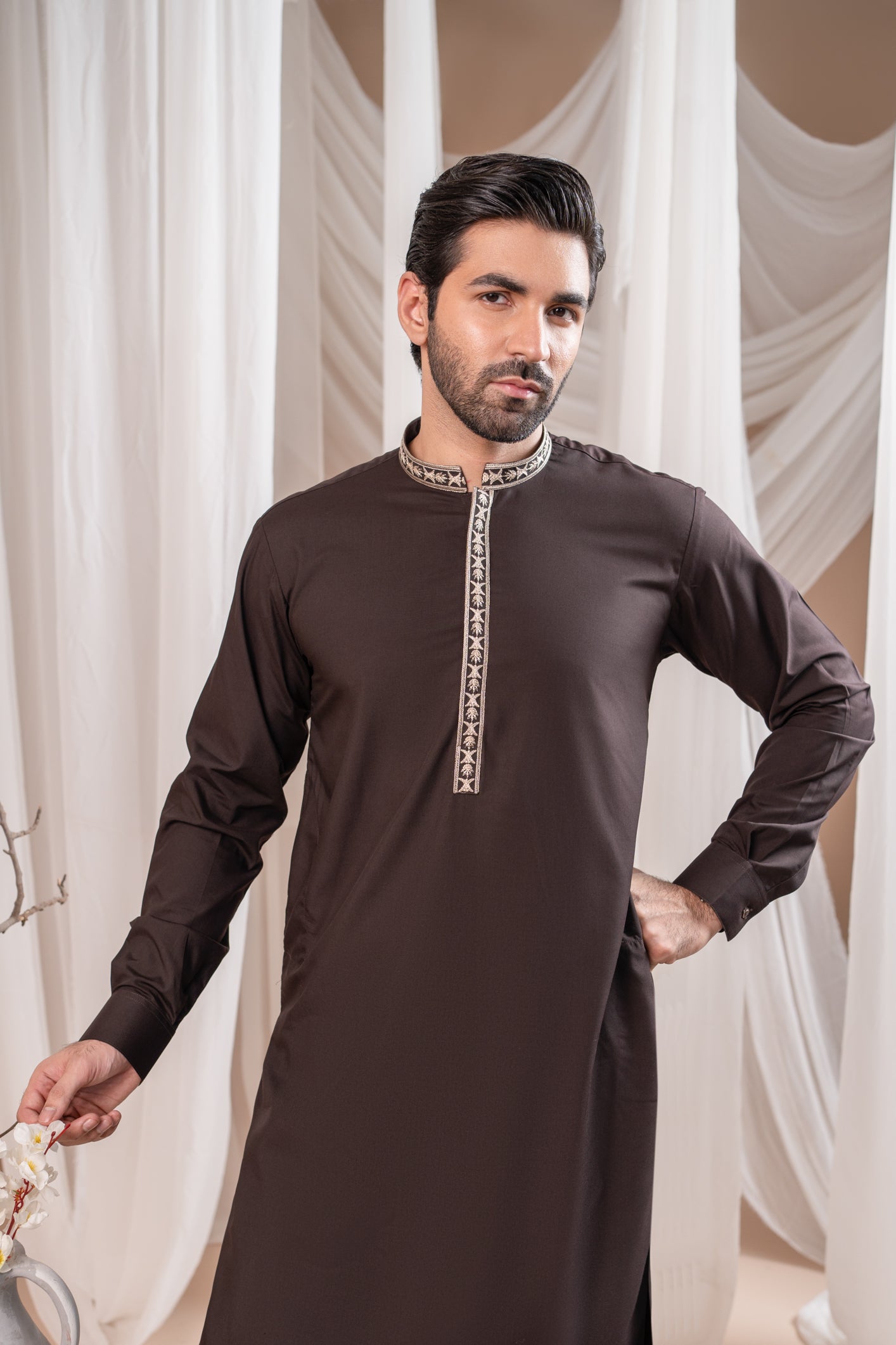 Formal Dark Brown Kurta Shalwar - Collar Neck Embroidered - Men