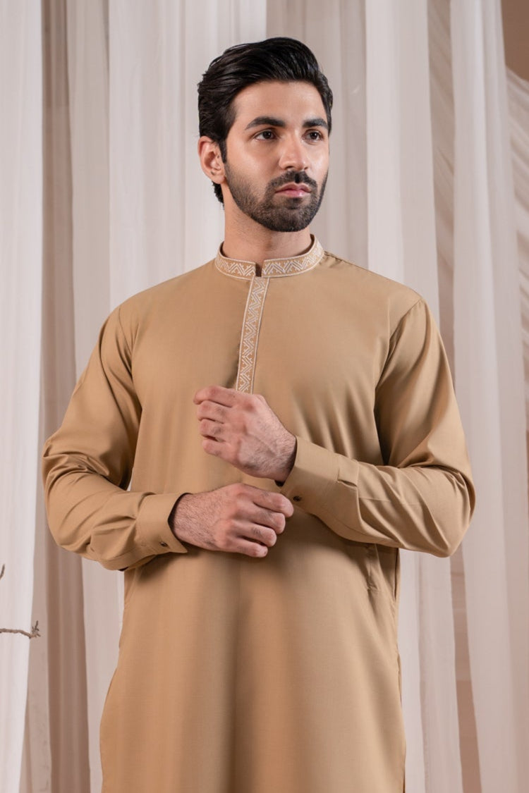 Formal Camel Kurta Shalwar - Collar Neck Embroidered - Men