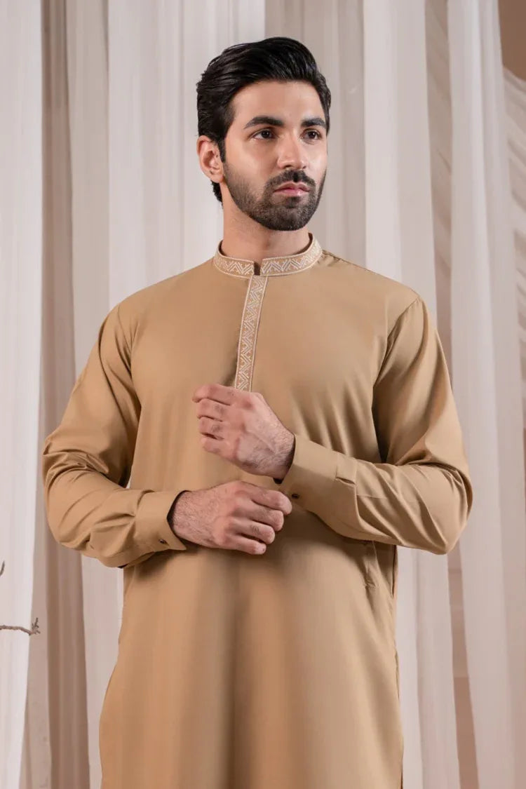 Formal Camel Kurta Shalwar - Collar Neck Embroidered - Men - Muraqsh -- Menswear