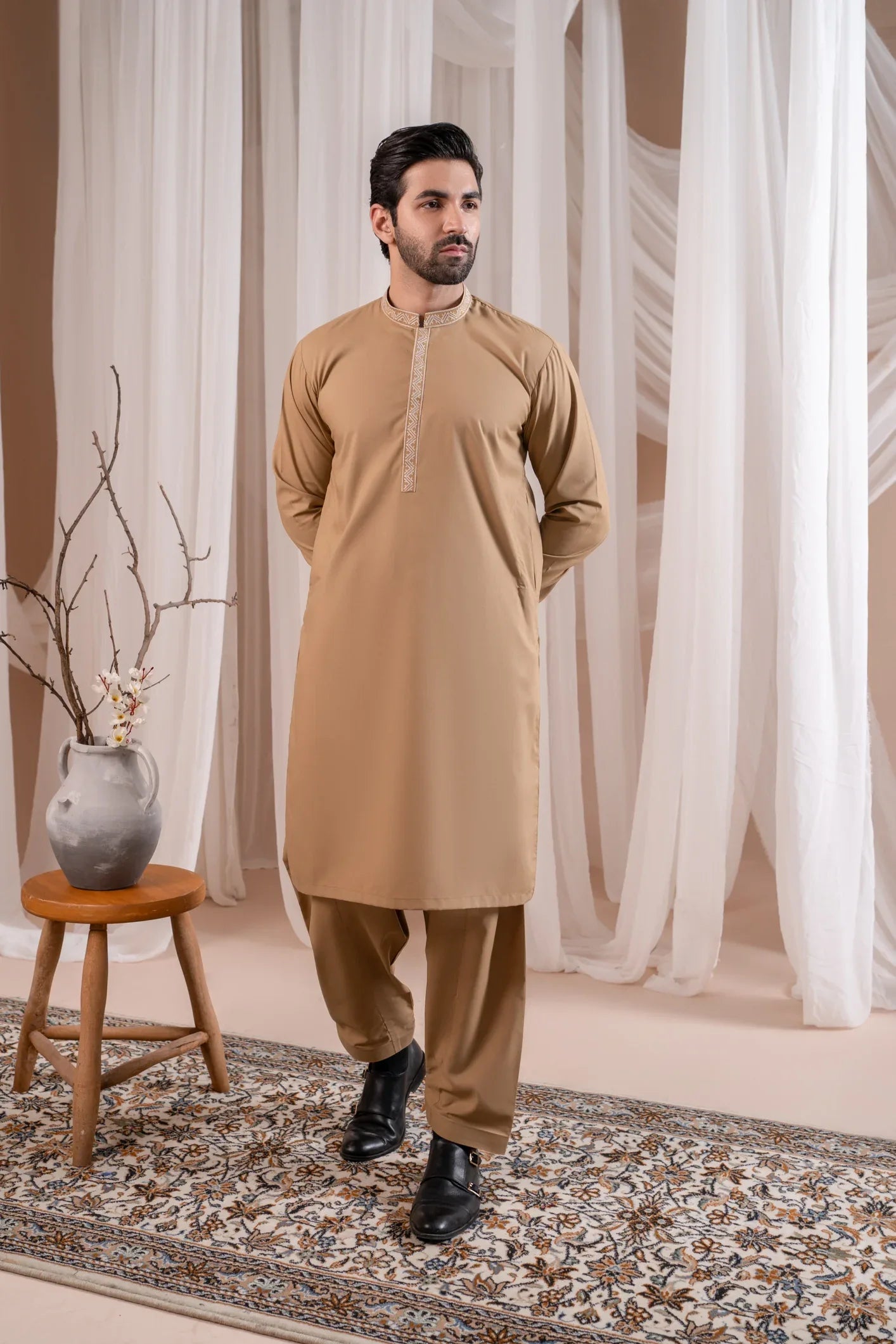 Formal Camel Kurta Shalwar - Collar Neck Embroidered - Men - Muraqsh -- Menswear