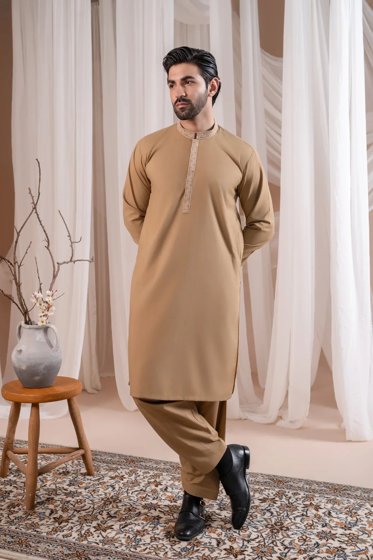 Formal Camel Kurta Shalwar - Collar Neck Embroidered - Men - Muraqsh -- Menswear
