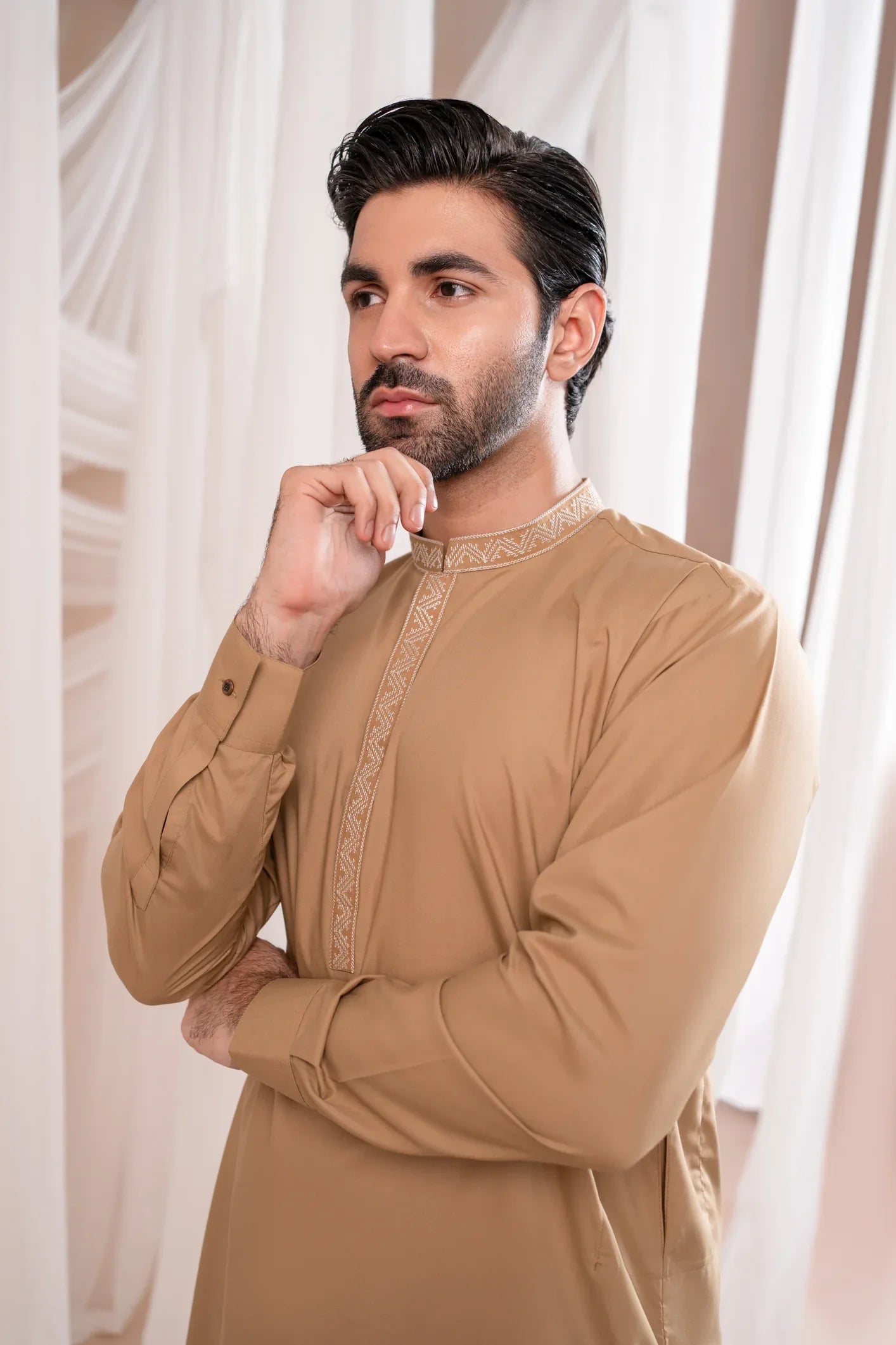 Formal Camel Kurta Shalwar - Collar Neck Embroidered - Men - Muraqsh -- Menswear