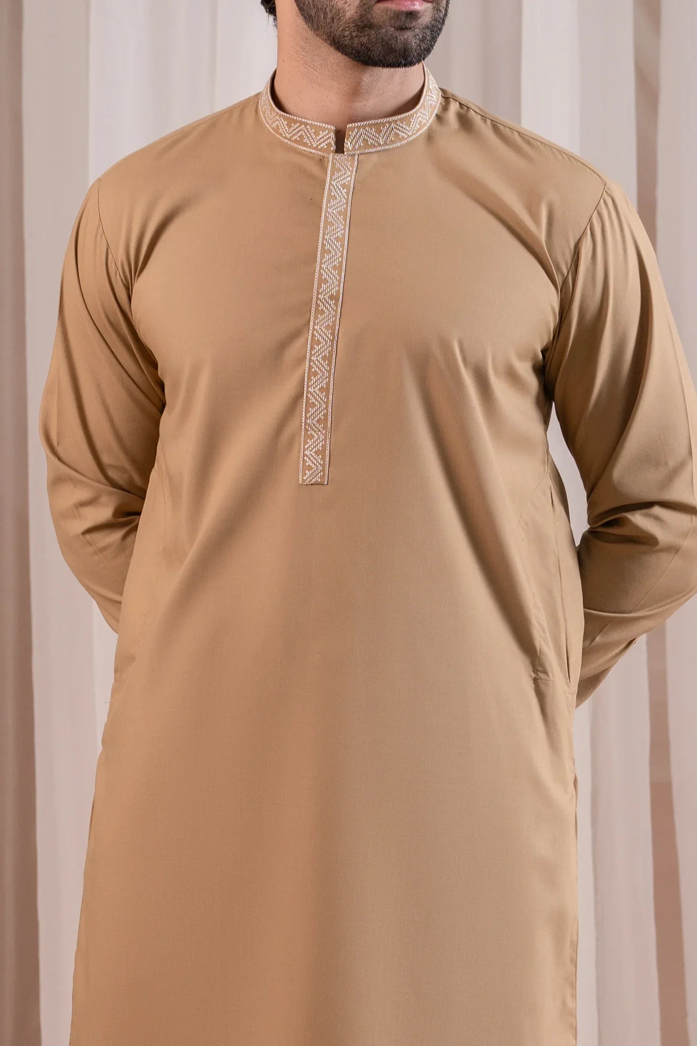 Formal Camel Kurta Shalwar - Collar Neck Embroidered - Men - Muraqsh -- Menswear