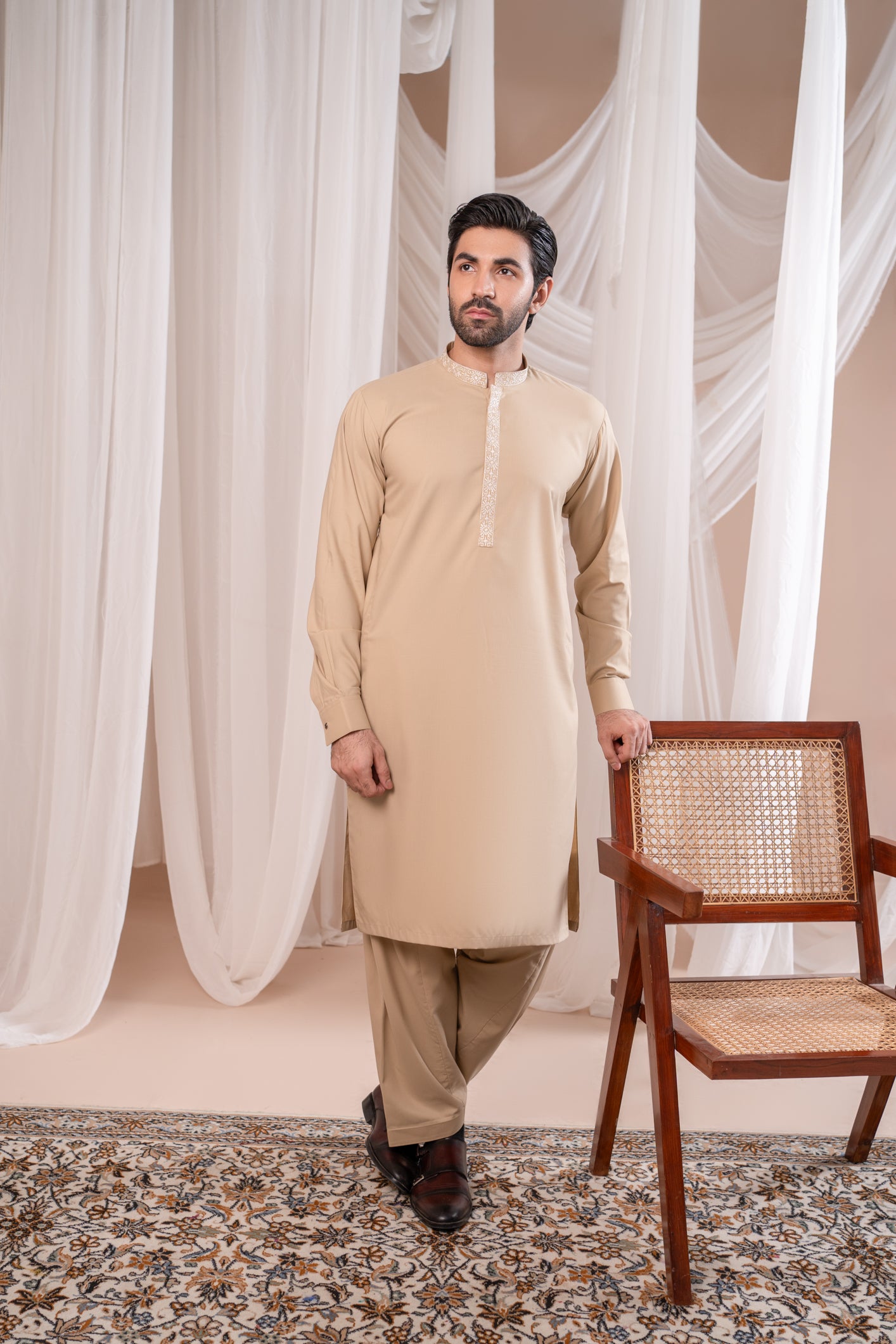 Formal Ivory Kurta Shalwar - Collar Neck Embroidered - Men