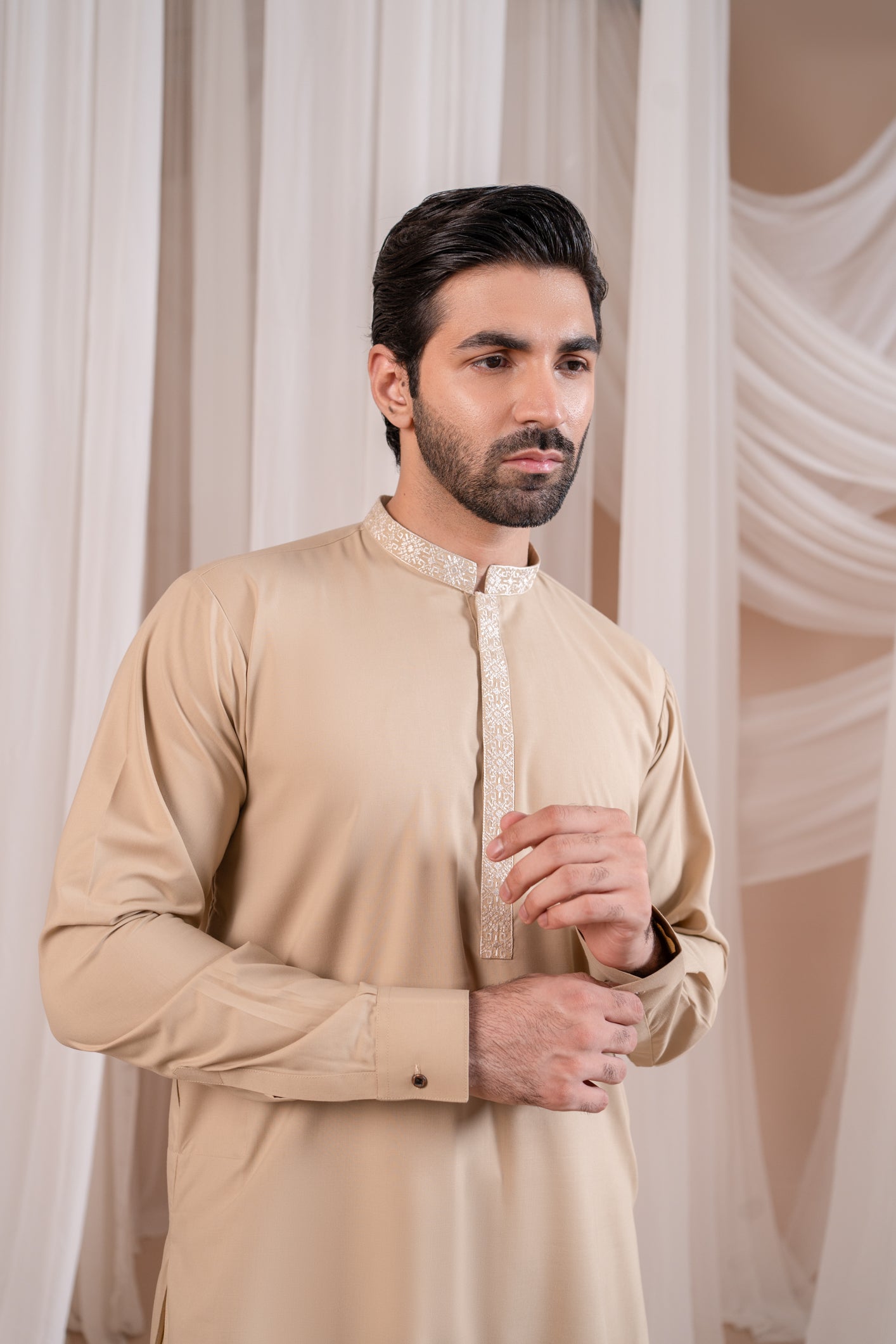 Formal Ivory Kurta Shalwar - Collar Neck Embroidered - Men