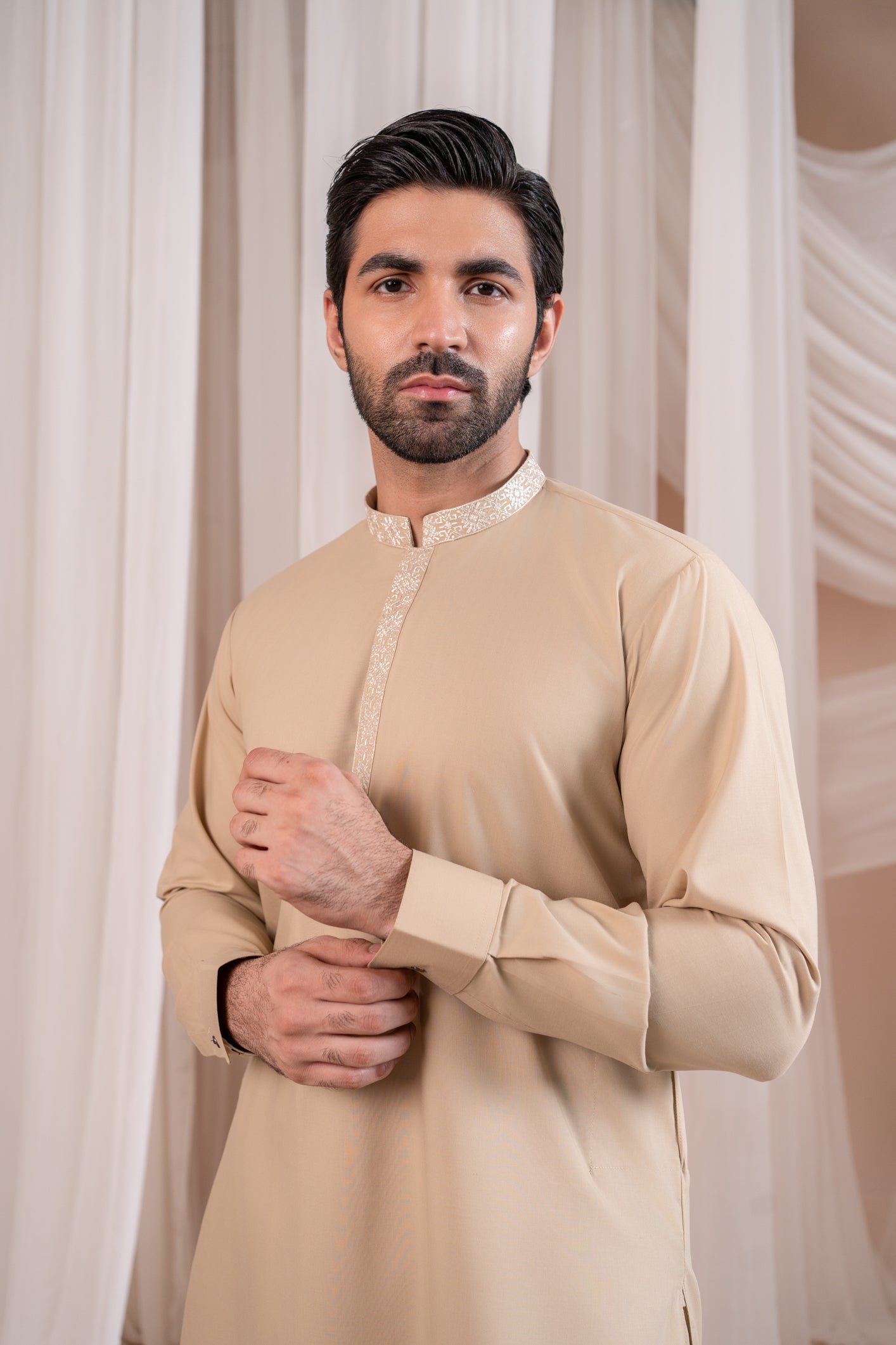 Formal Ivory Kurta Shalwar - Collar Neck Embroidered - Men