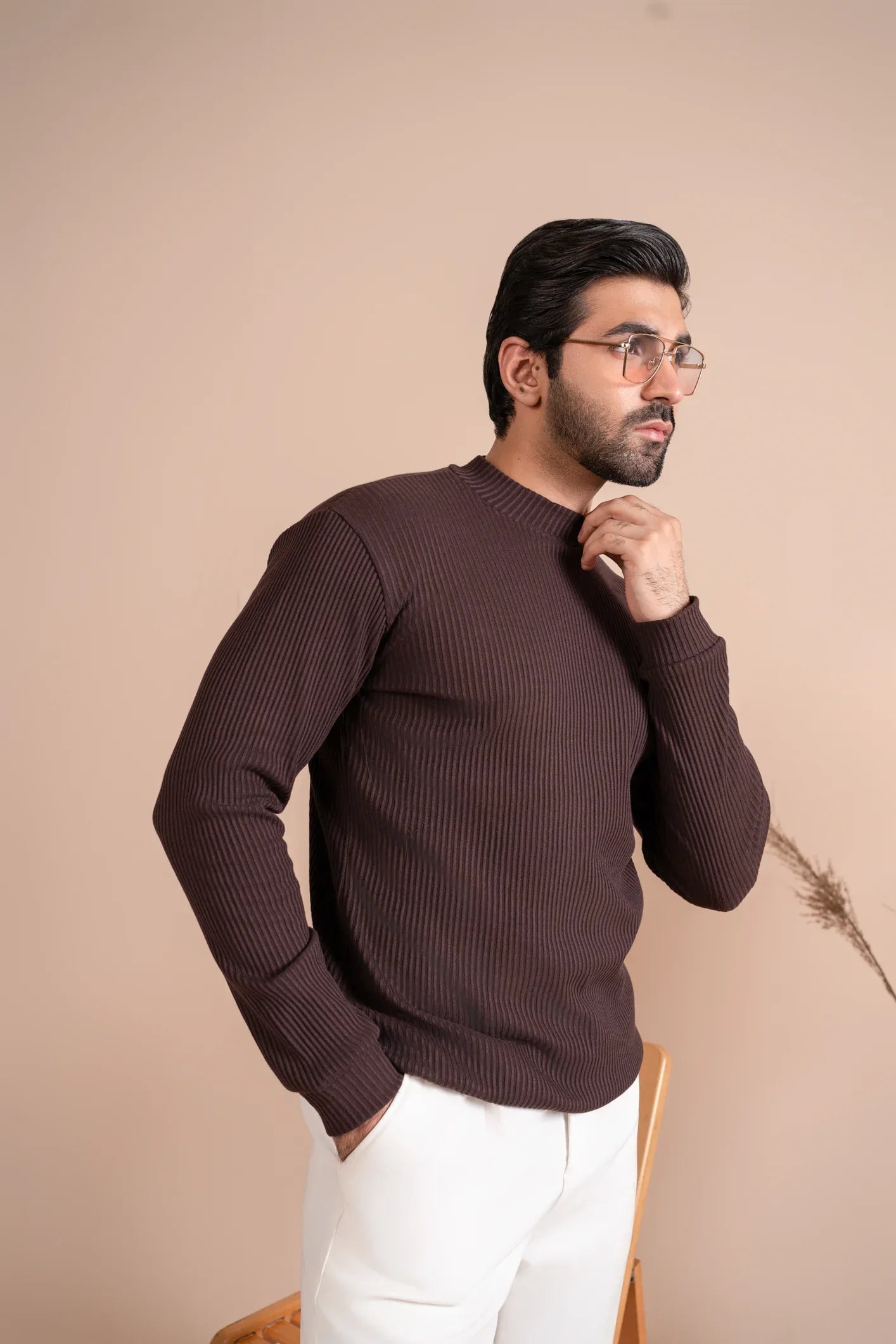 Ribbed Brown Mock Neck - Relaxed Fit - Men - Muraqsh -- Men Western