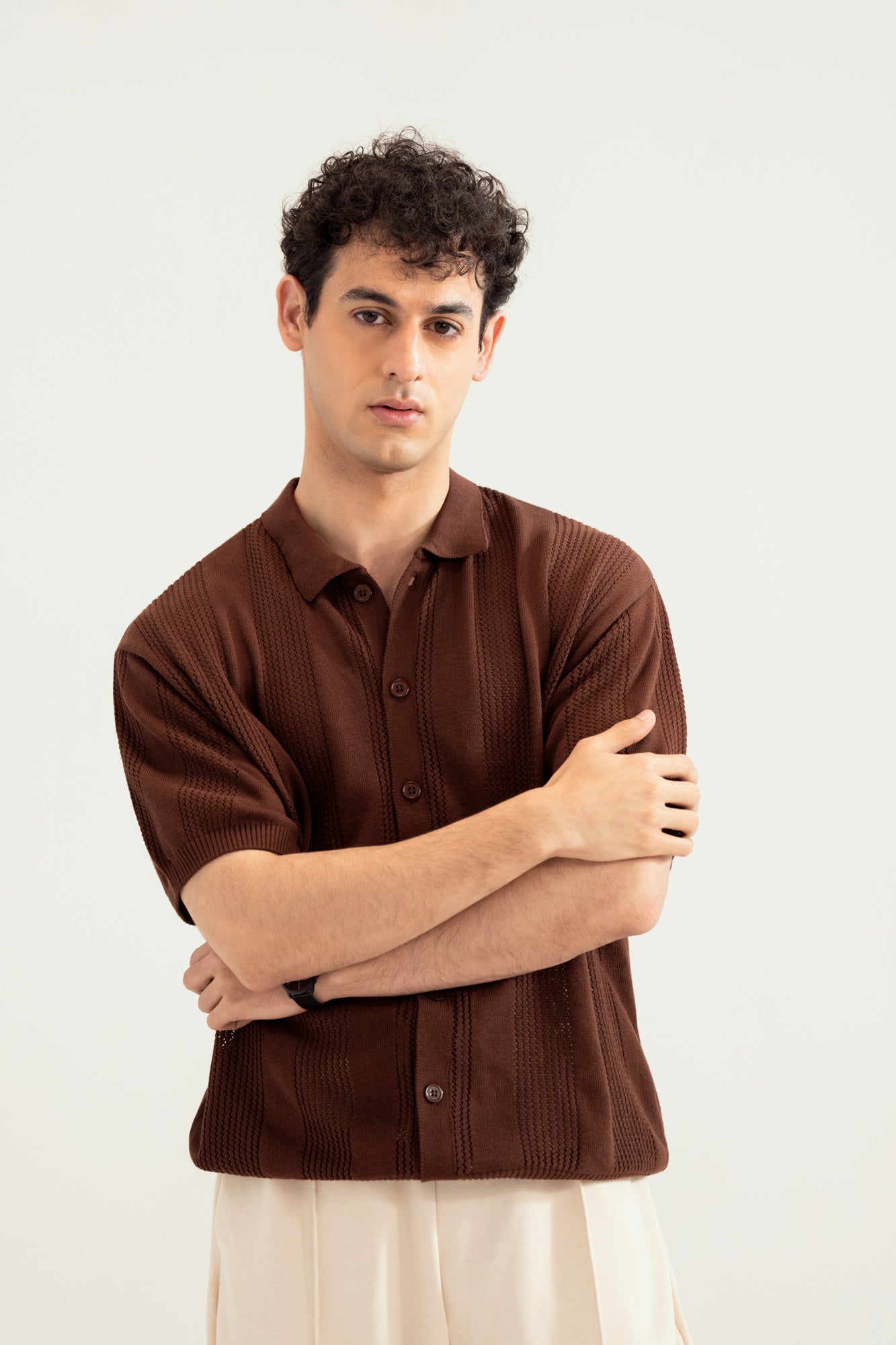 Dark Brown Crocheted Stripes Knitted Button Down - Men