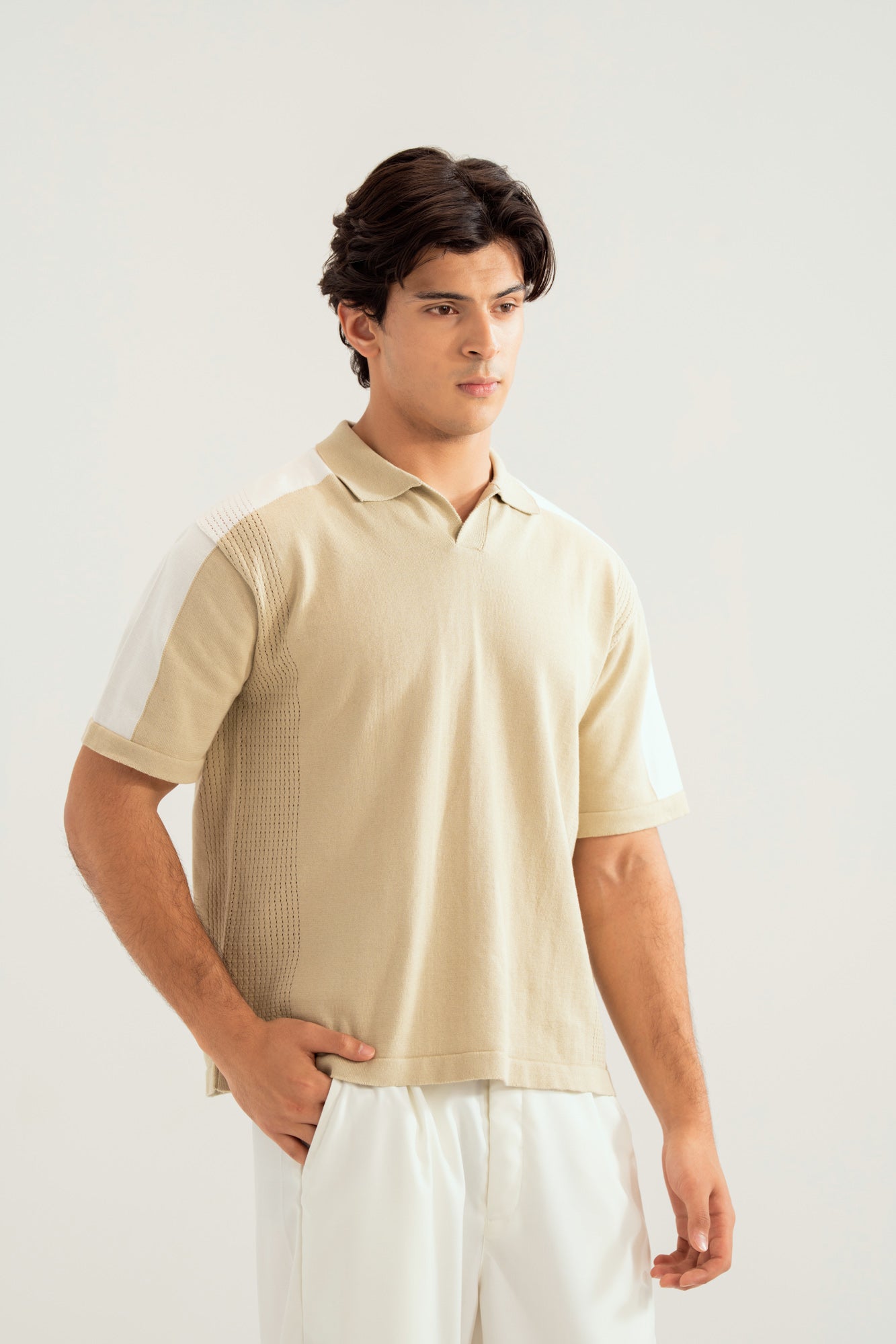 Sandstone Milano Knit Polo with Textured Shoulder - Men