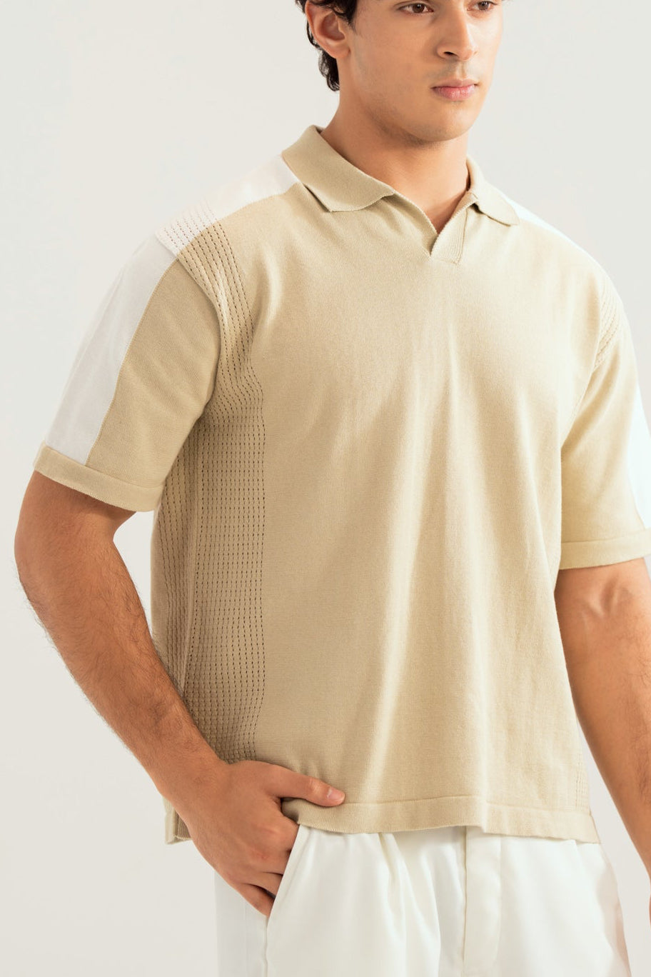Sandstone Milano Knit Polo with Textured Shoulder - Men