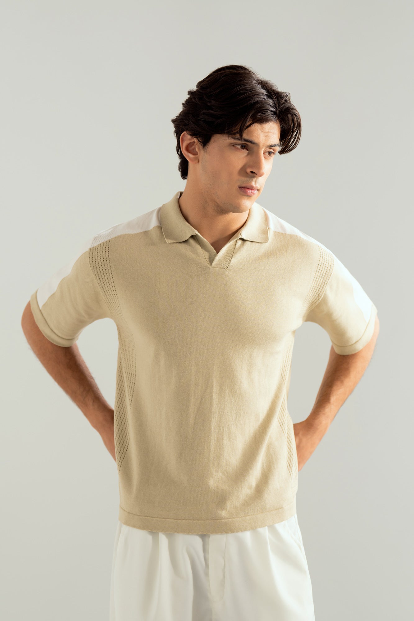 Sandstone Milano Knit Polo with Textured Shoulder - Men