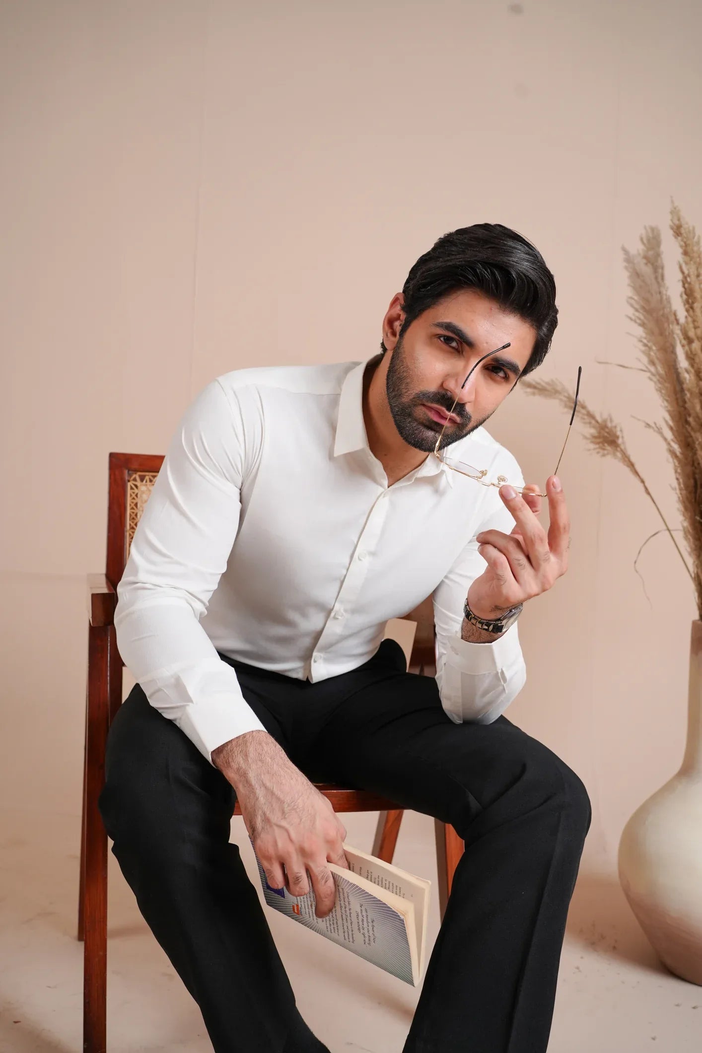 Off White Textured Formal Shirt - Men - Muraqsh -- Menswear