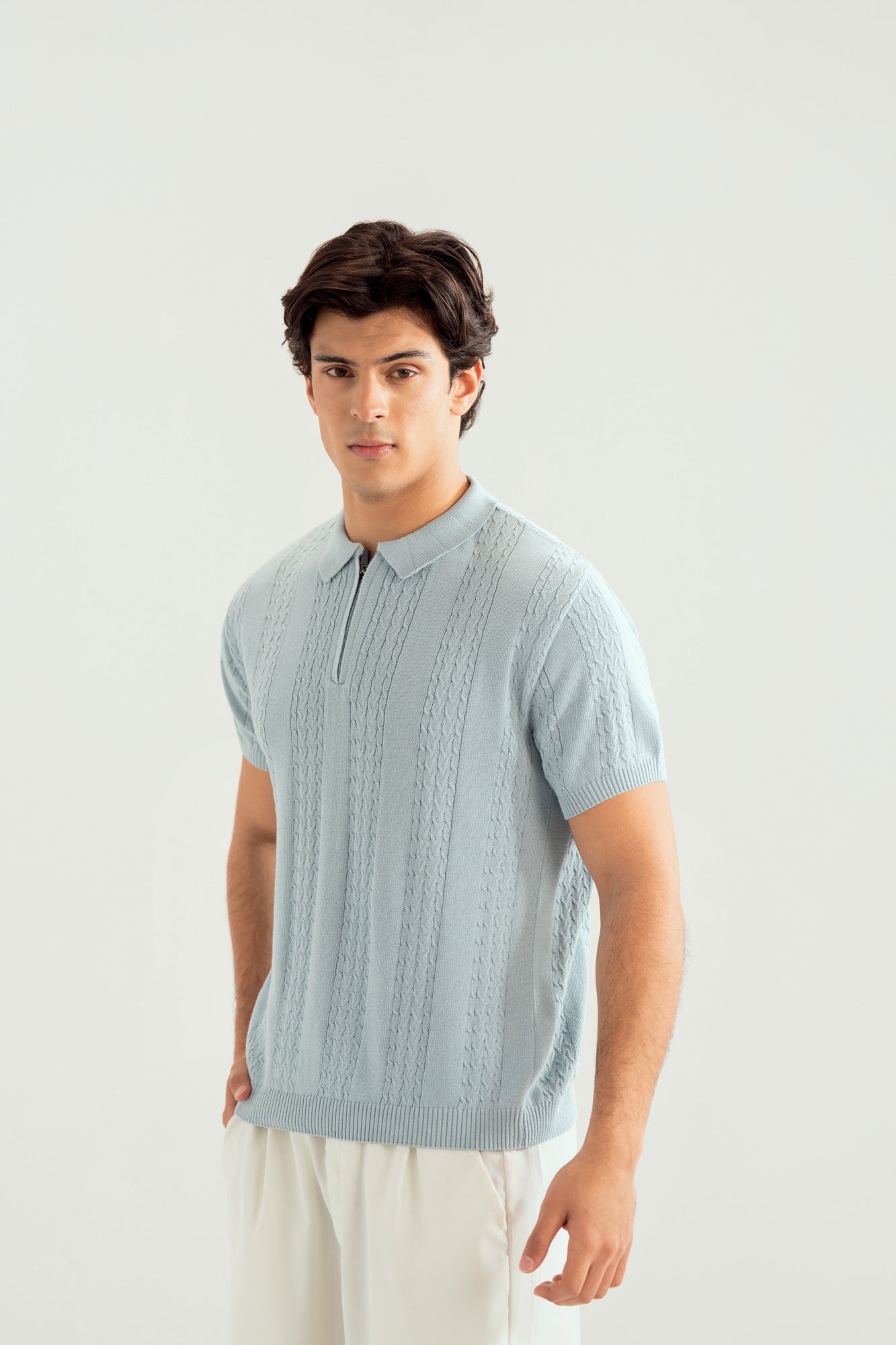 Sky Blue Crocheted Knitted Polo - Men