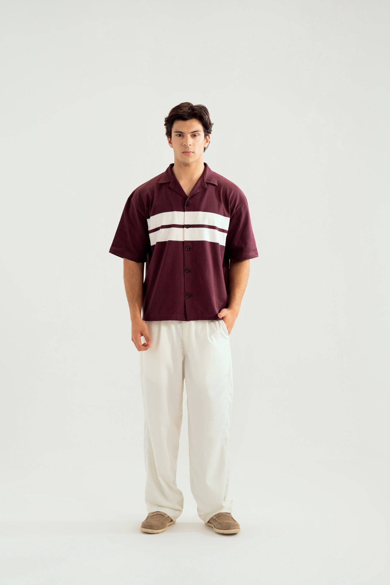 White and Maroon Boxy Revere Button Down - Men