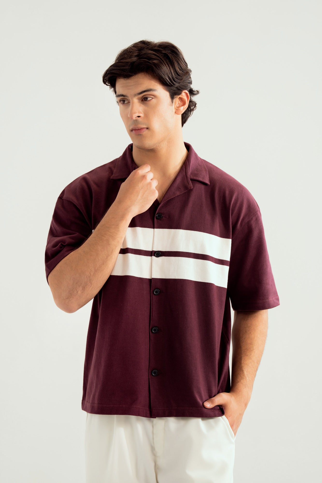 White and Maroon Boxy Revere Button Down - Men