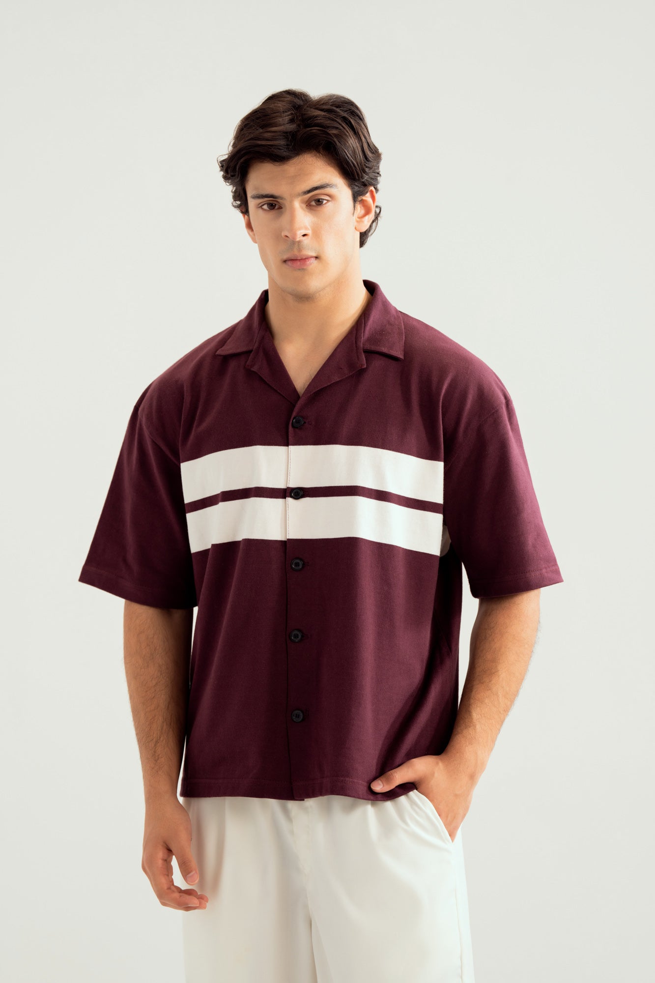 White and Maroon Boxy Revere Button Down - Men