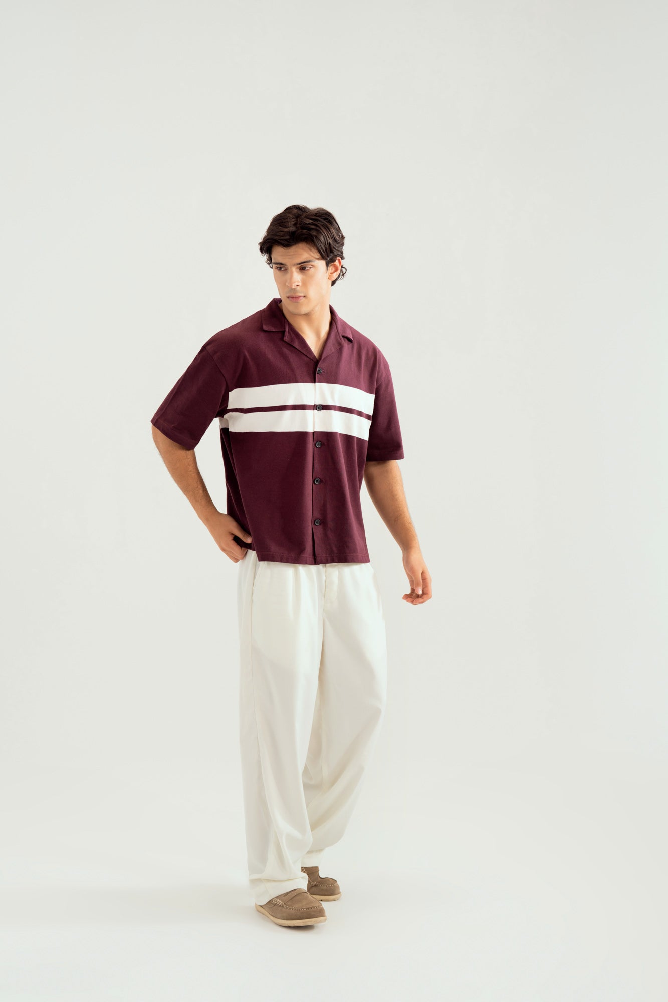 White and Maroon Boxy Revere Button Down - Men