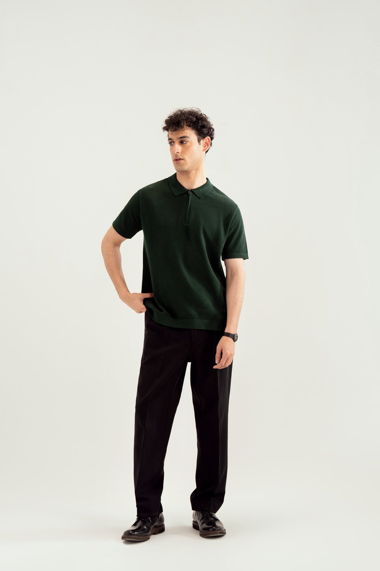 Dark Green Zipper Links Knitted Polo - Men