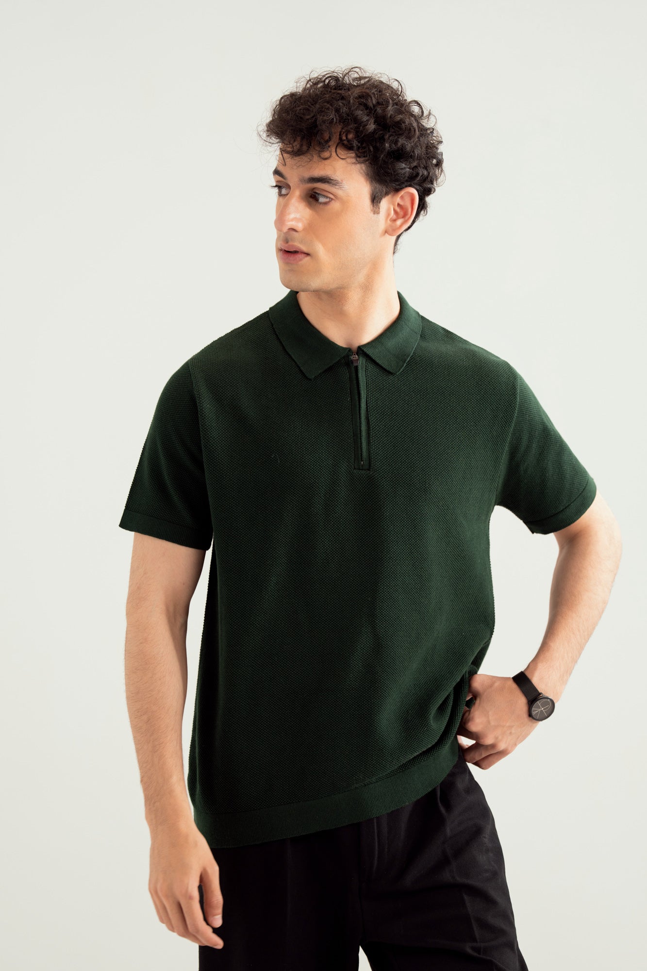 Dark Green Zipper Links Knitted Polo - Men