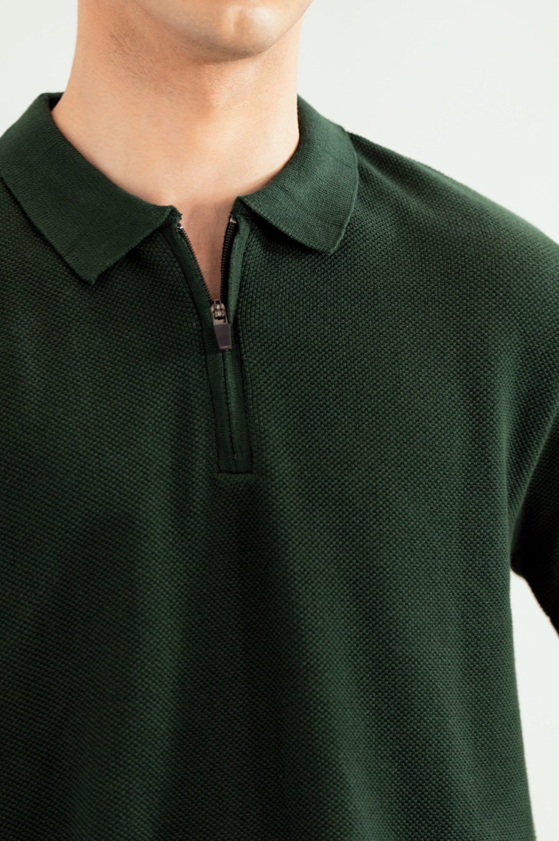 Dark Green Zipper Links Knitted Polo - Men