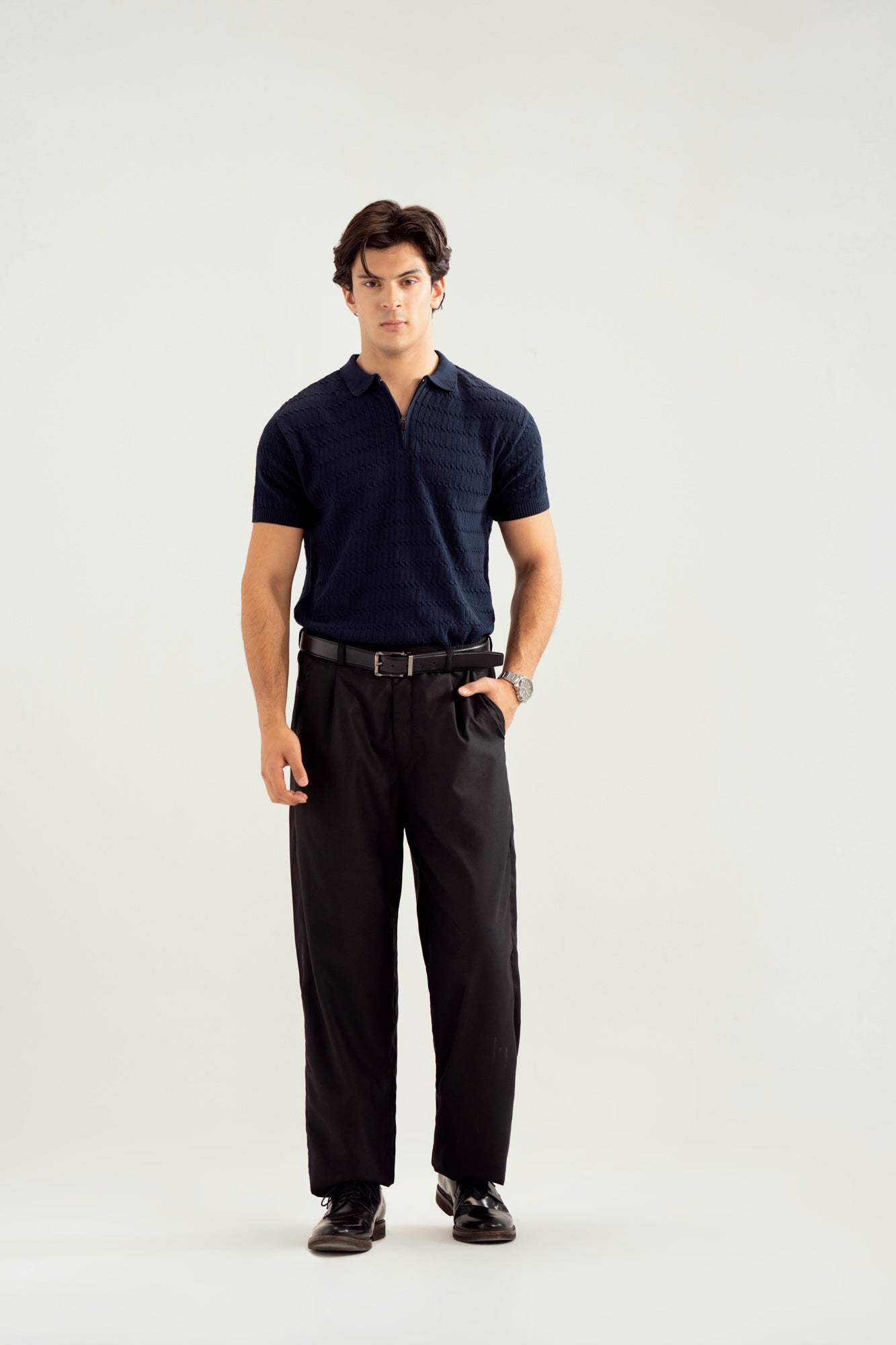 Navy Blue Zipper Cabled Knit Polo - Men