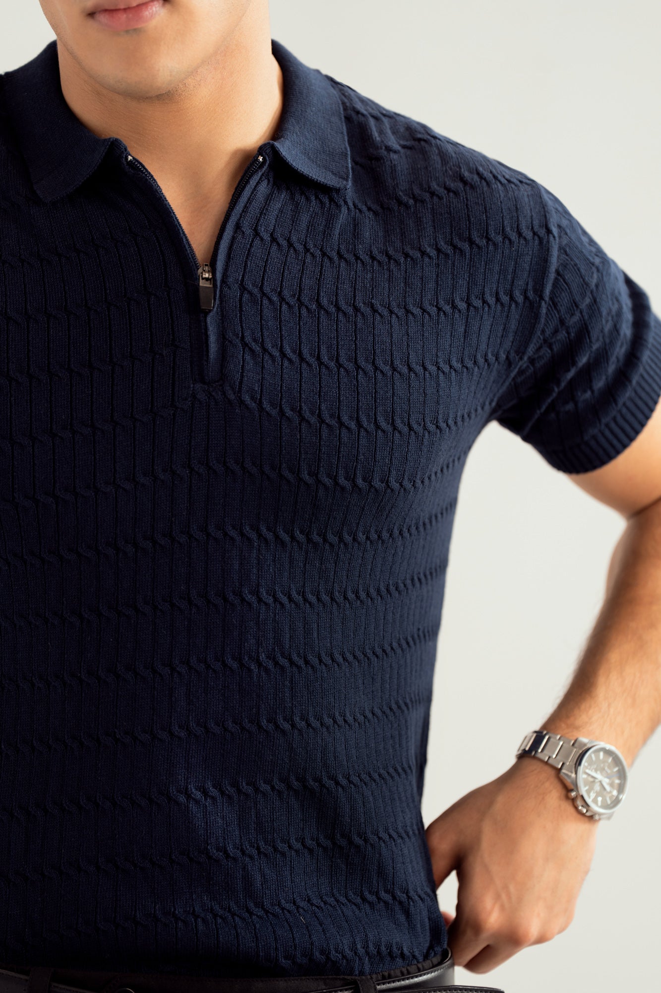 Navy Blue Zipper Cabled Knit Polo - Men