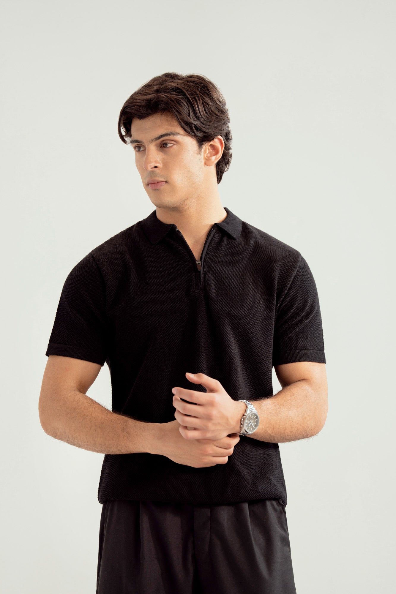 Black Zipper Links Knitted Polo - Men
