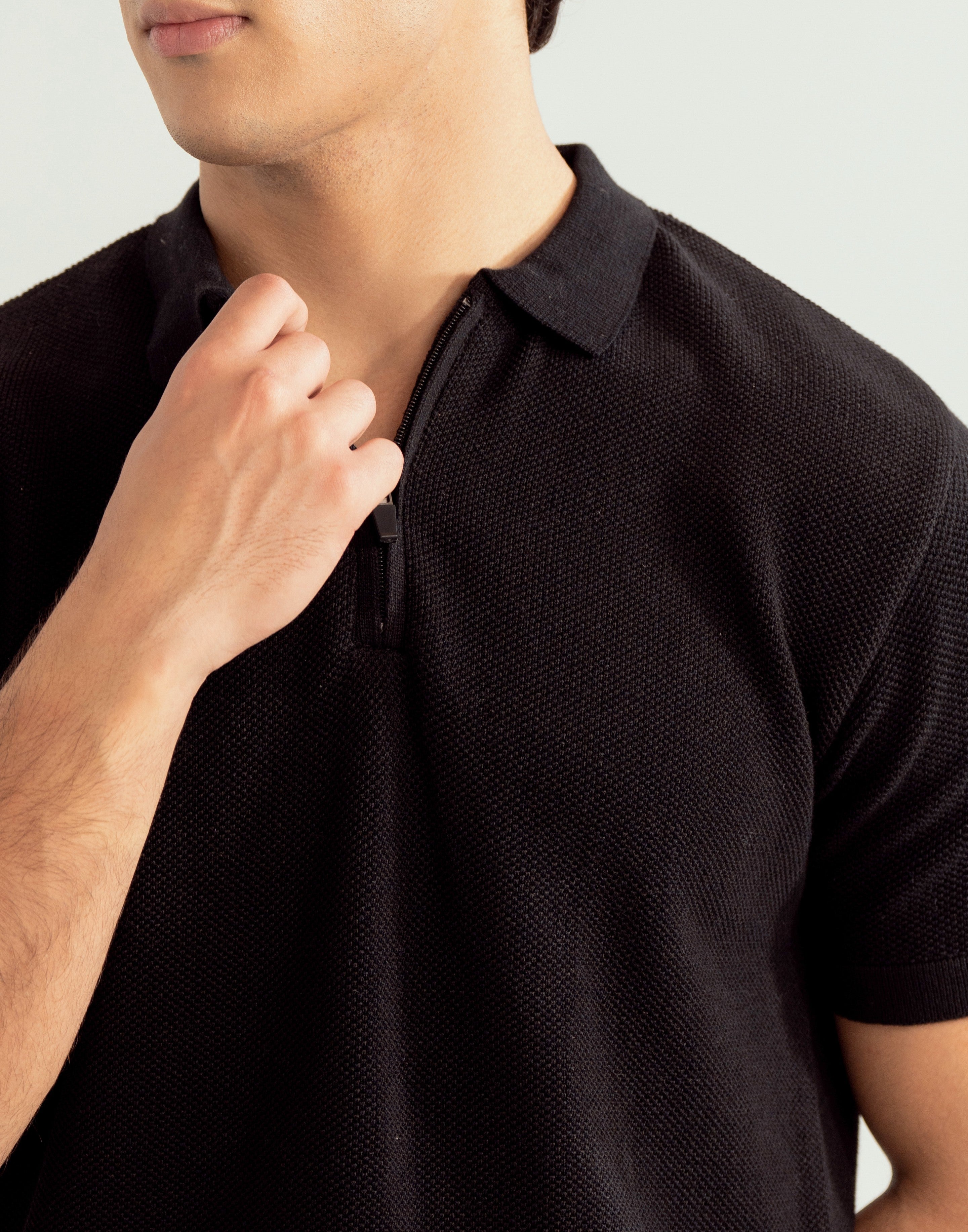 Black Zipper Links Knitted Polo - Men