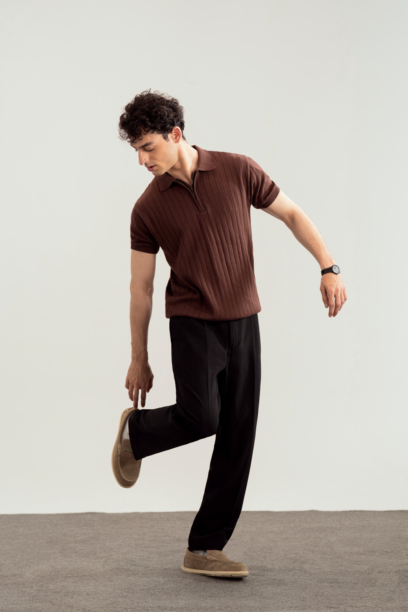 Dark Brown Drop Needle Zipper Knitted Polo - Men