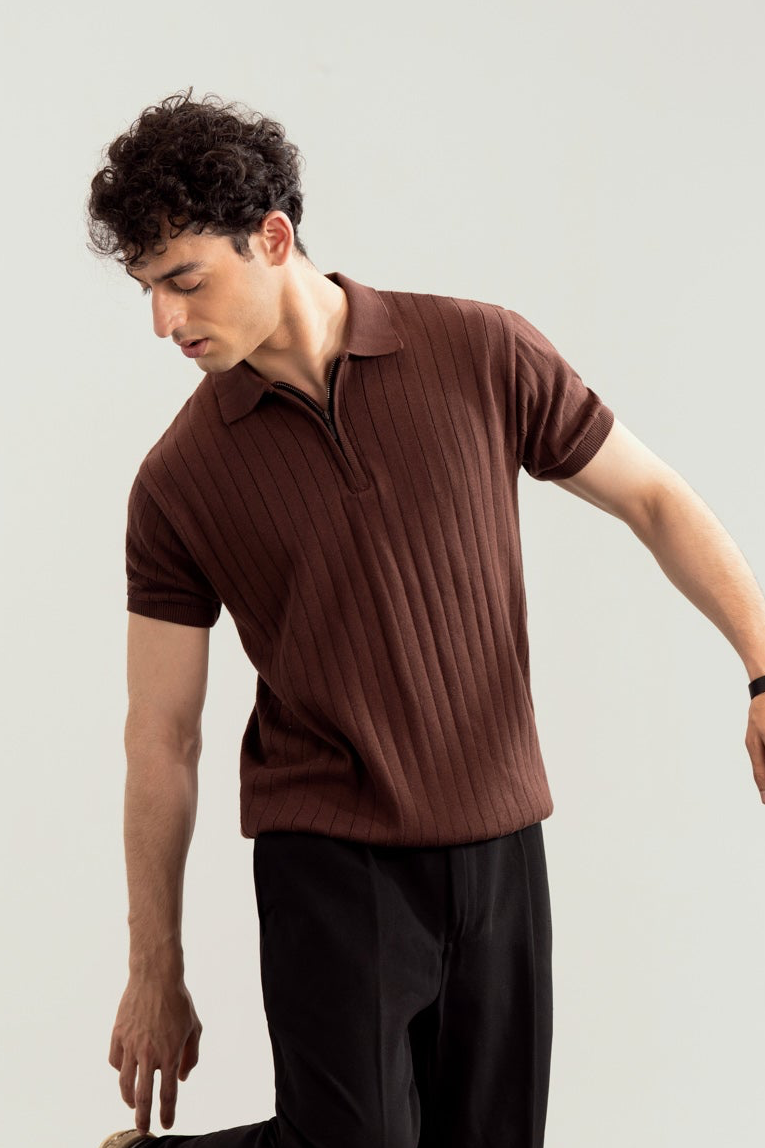 Dark Brown Drop Needle Zipper Knitted Polo - Men