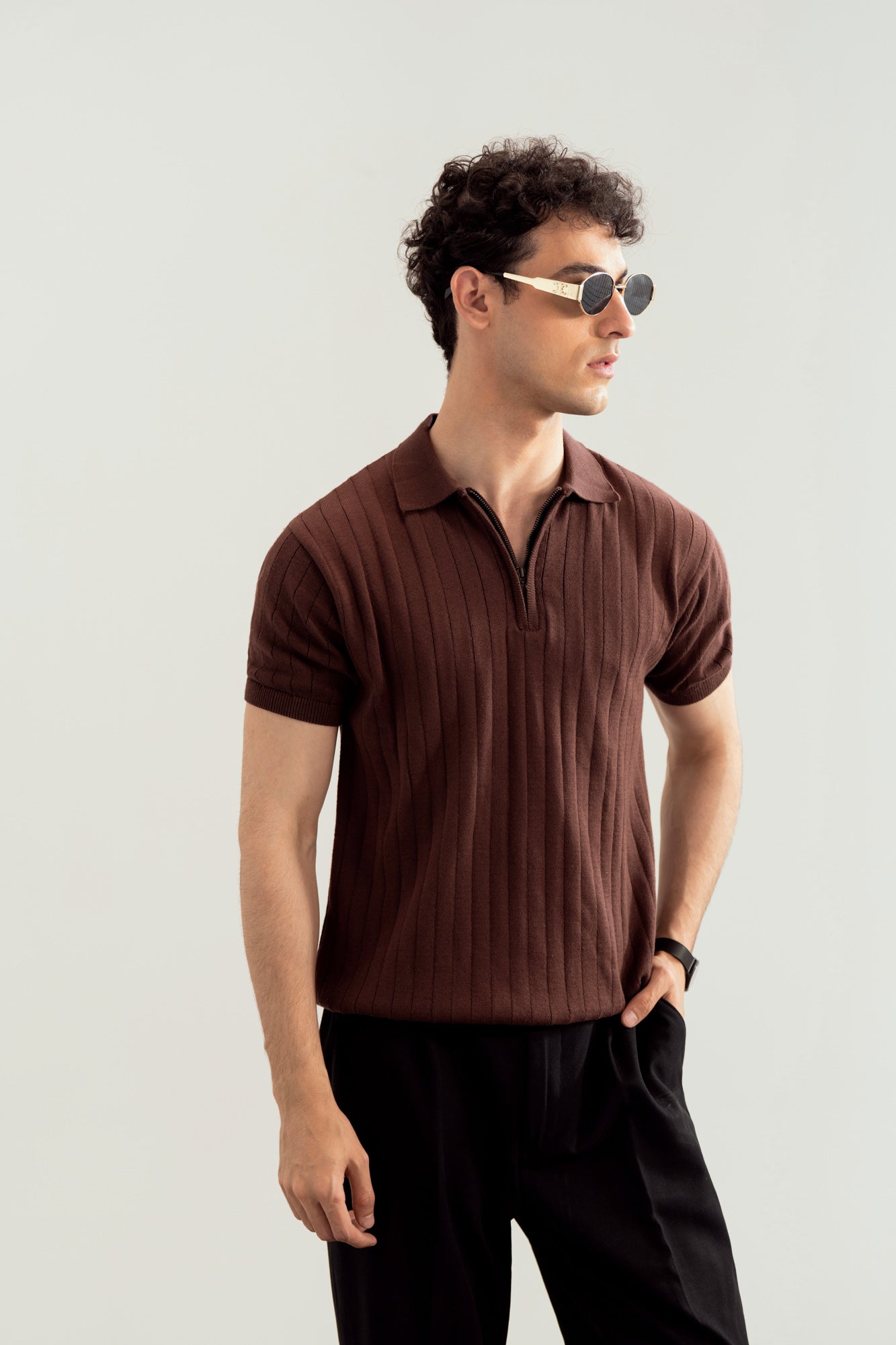 Dark Brown Drop Needle Zipper Knitted Polo - Men