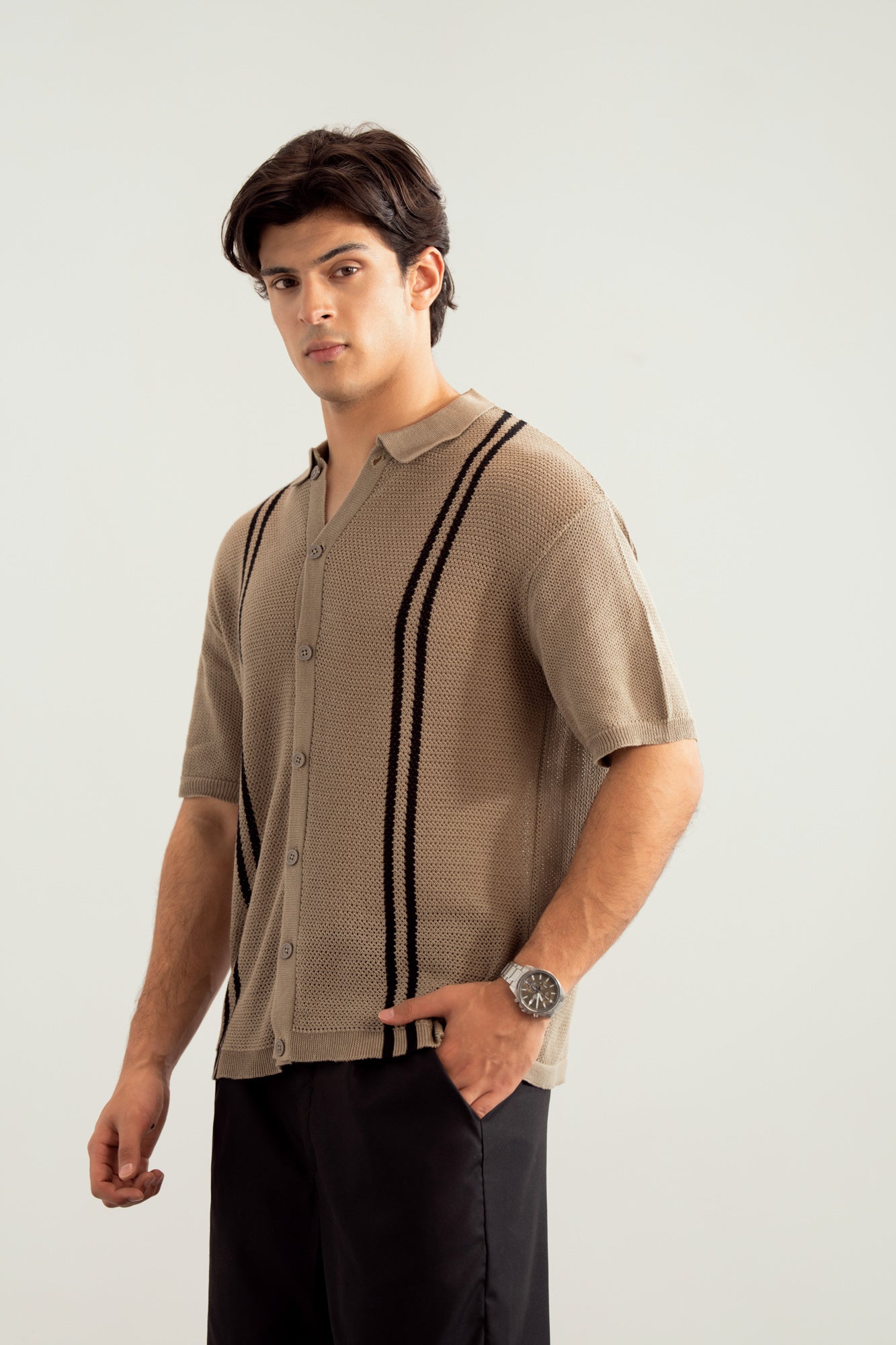 Pishtachu Crocheted Stripes Knitted Button Down - Men