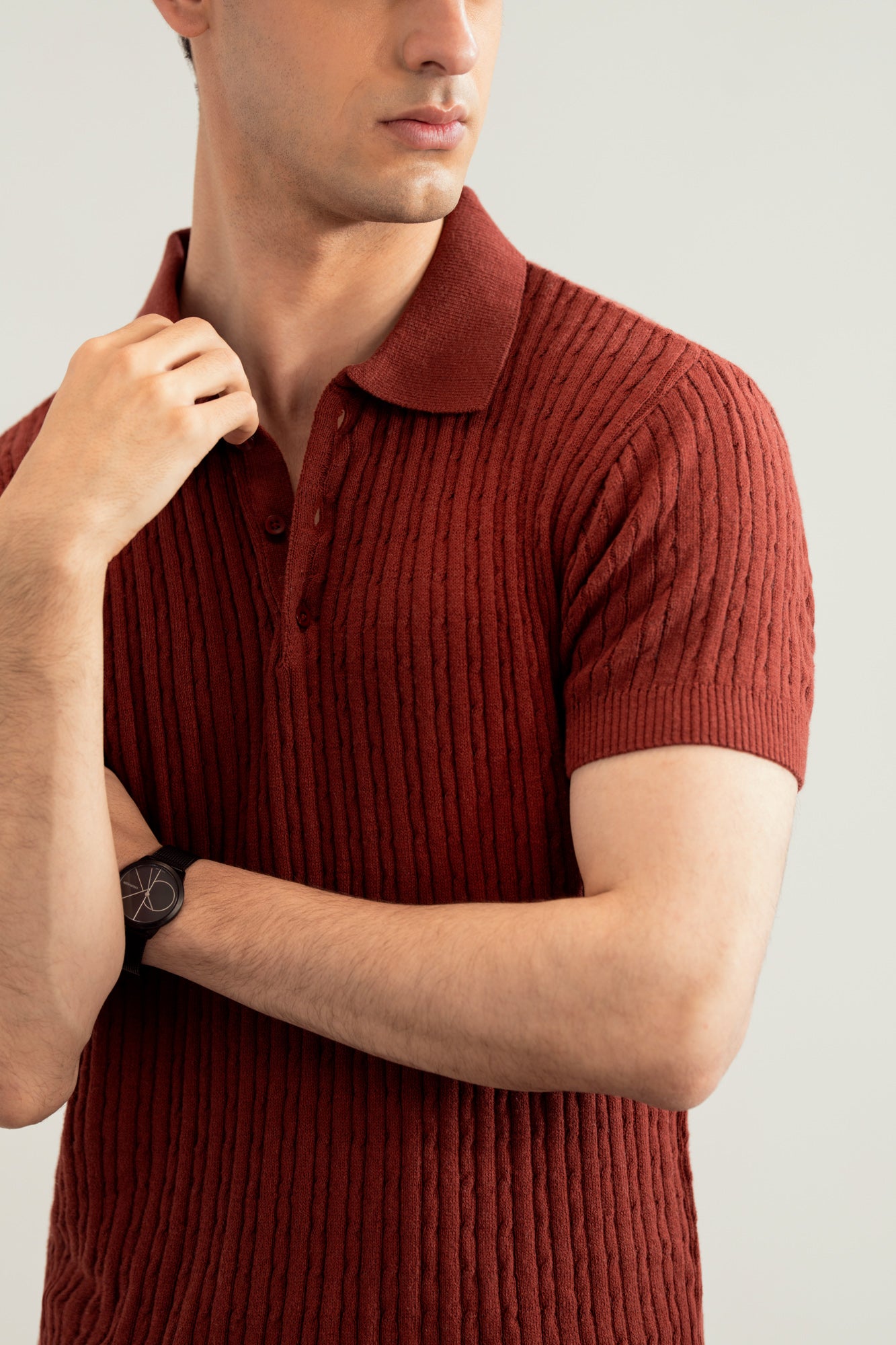 Dark Cherry Cable Knit Polo For Men – Summer Western Polo