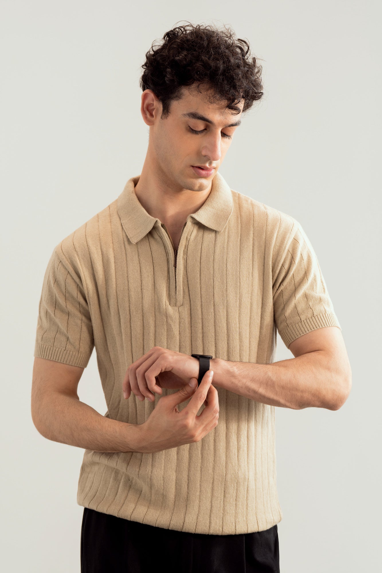 Beige Drop Needle Zipper Knitted Polo - Men